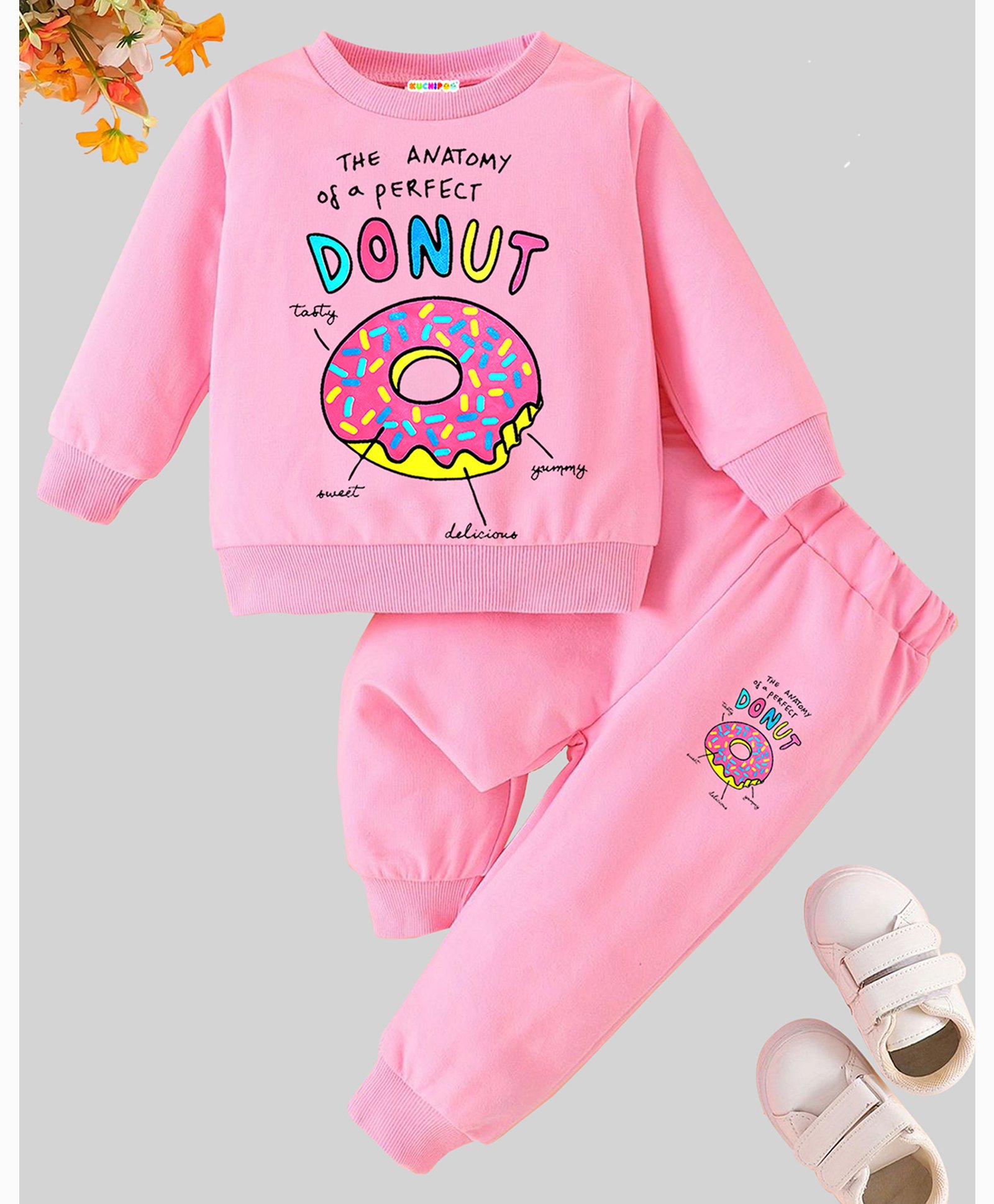 KUCHIPOO Full Sleeves Donut Text Printed Coordinating Sweatshirt & Track Pants Set - Pink-picture-46