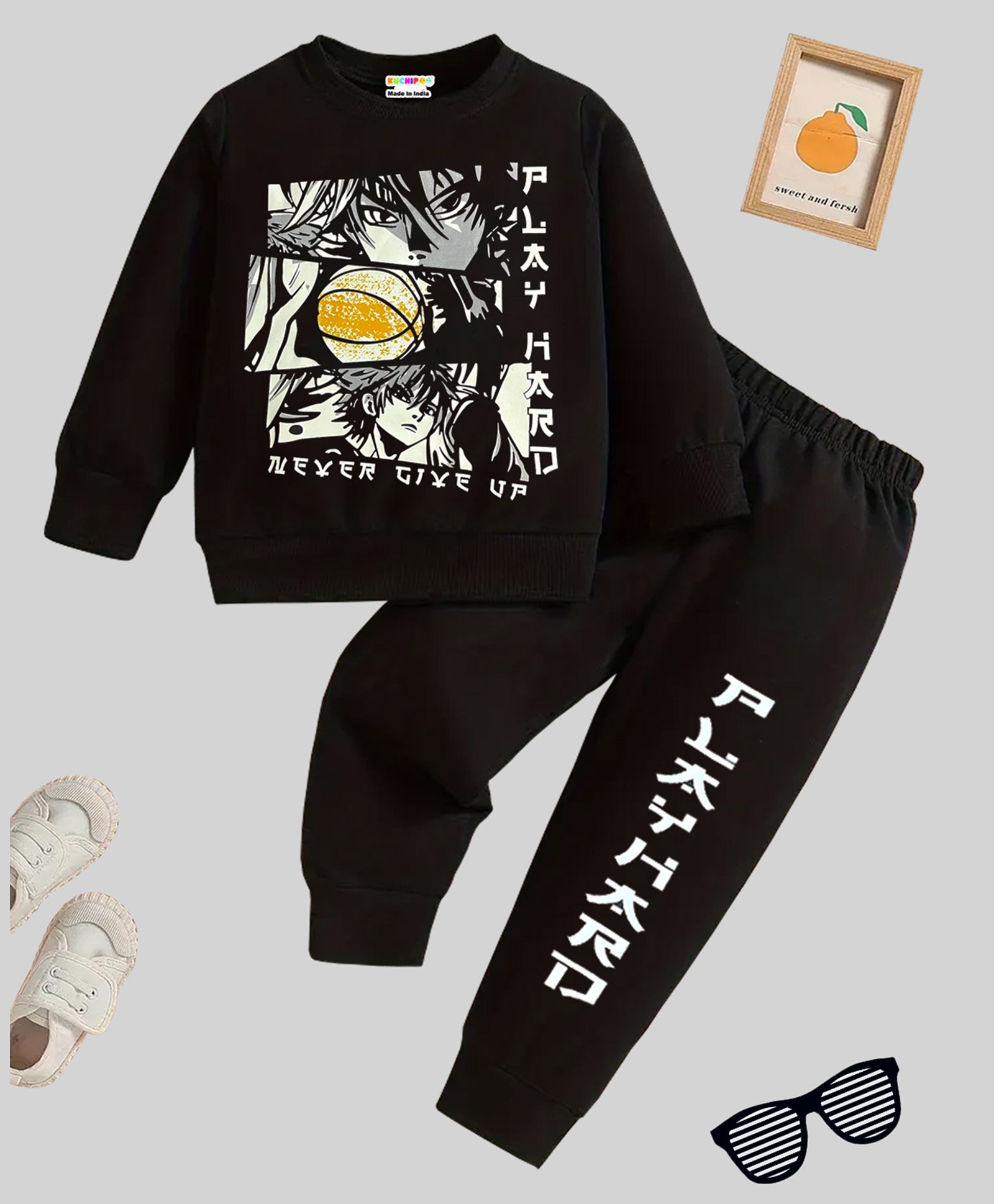 KUCHIPOO Haikyuu Featuring Full Sleeves Character Printed Coordinating Sweatshirt & Track Pants Set - Black-image-3