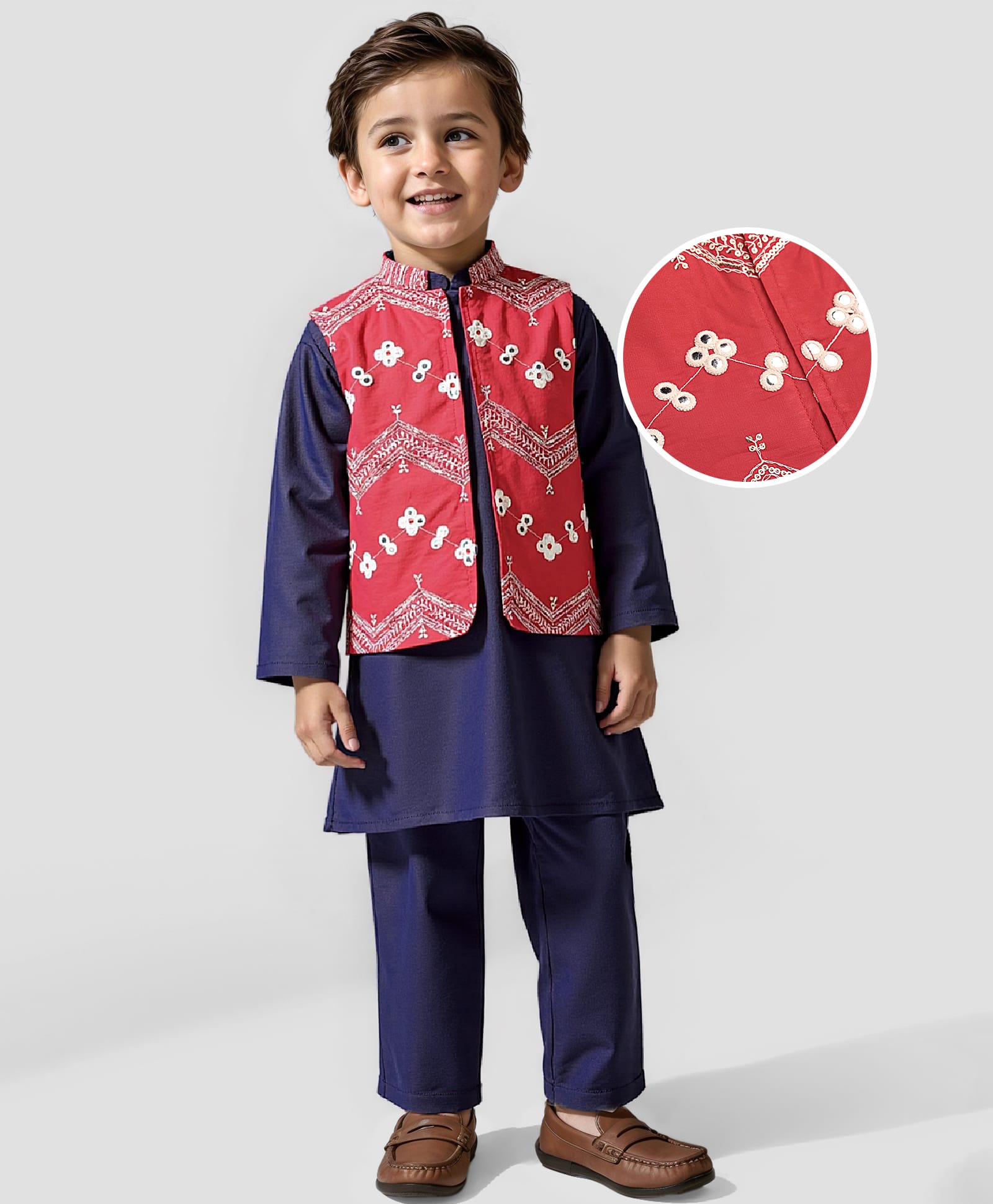 Babyhug Woven Full Sleeves Kurta & Pajama Set with Mirror Work & Embroidered Waistcoat - Navy Blue-picture-18