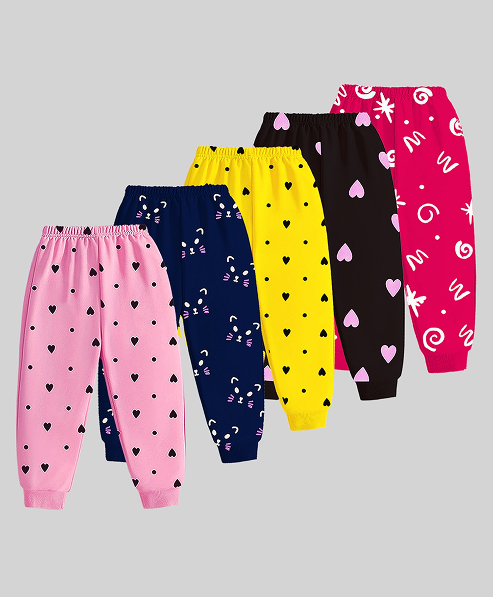 KUCHIPOO Pack Of 5 Hearts & Cats Printed Pajamas - Black Yellow Pink & Blue-picture-37