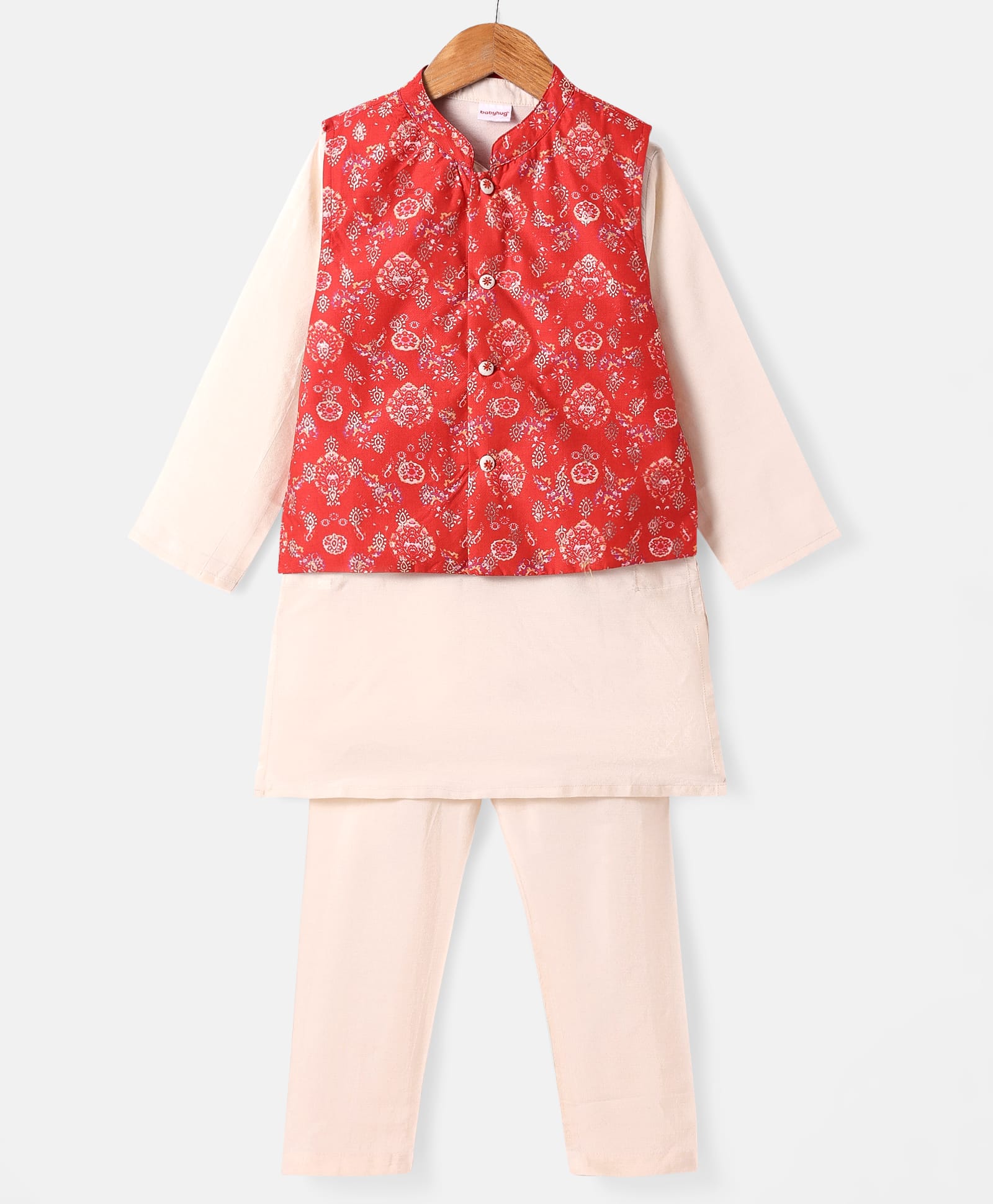 Babyhug Woven Full Sleeves Kurta Pyjama Set with Floral Printed Nehru Jacket - Beige-picture-17