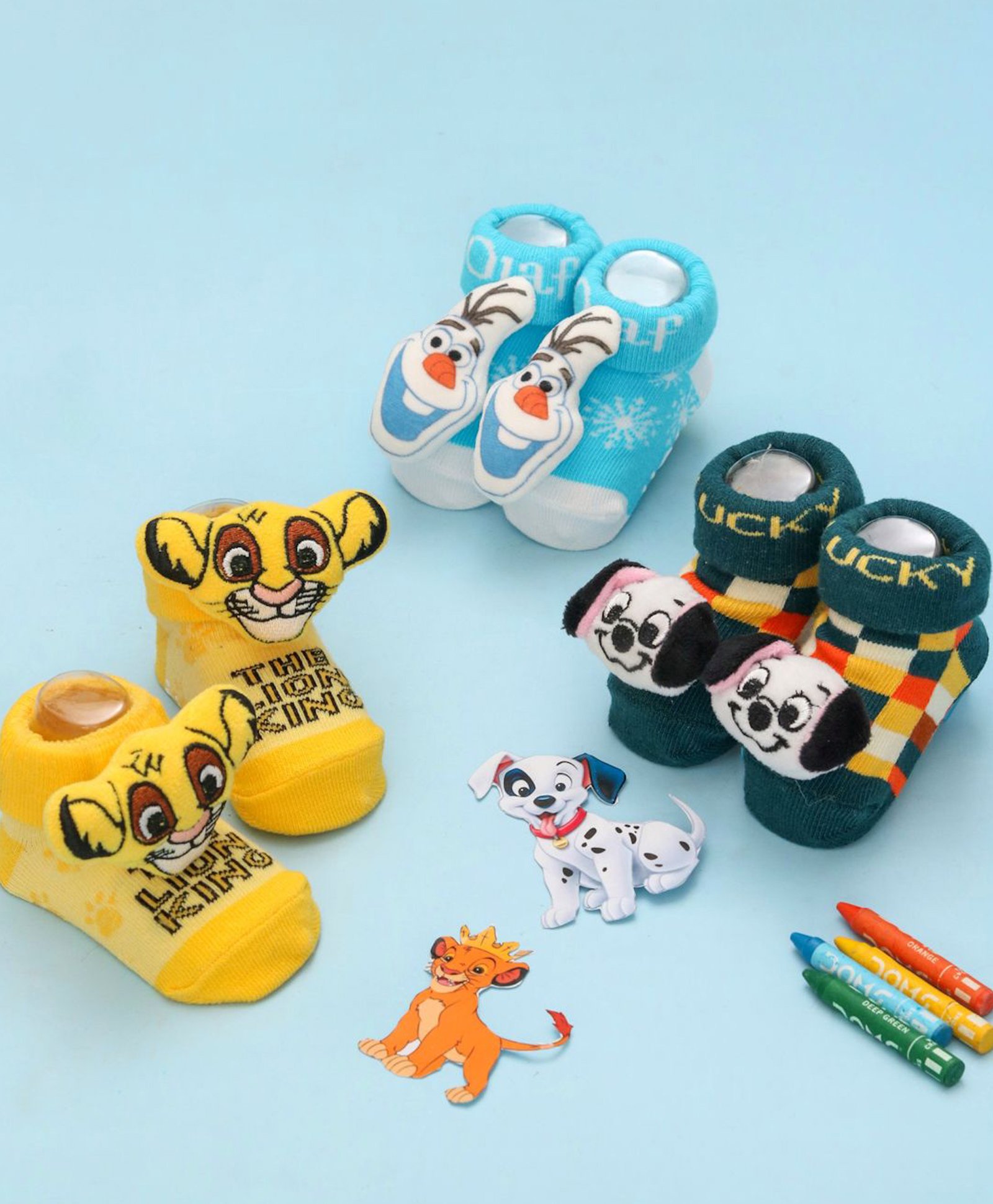 Disney by Yellow Bee Cotton Pack Of 3 Frozen Featuring Olaf 3D Socks - Yellow Dark Green & Light Blue-image-46