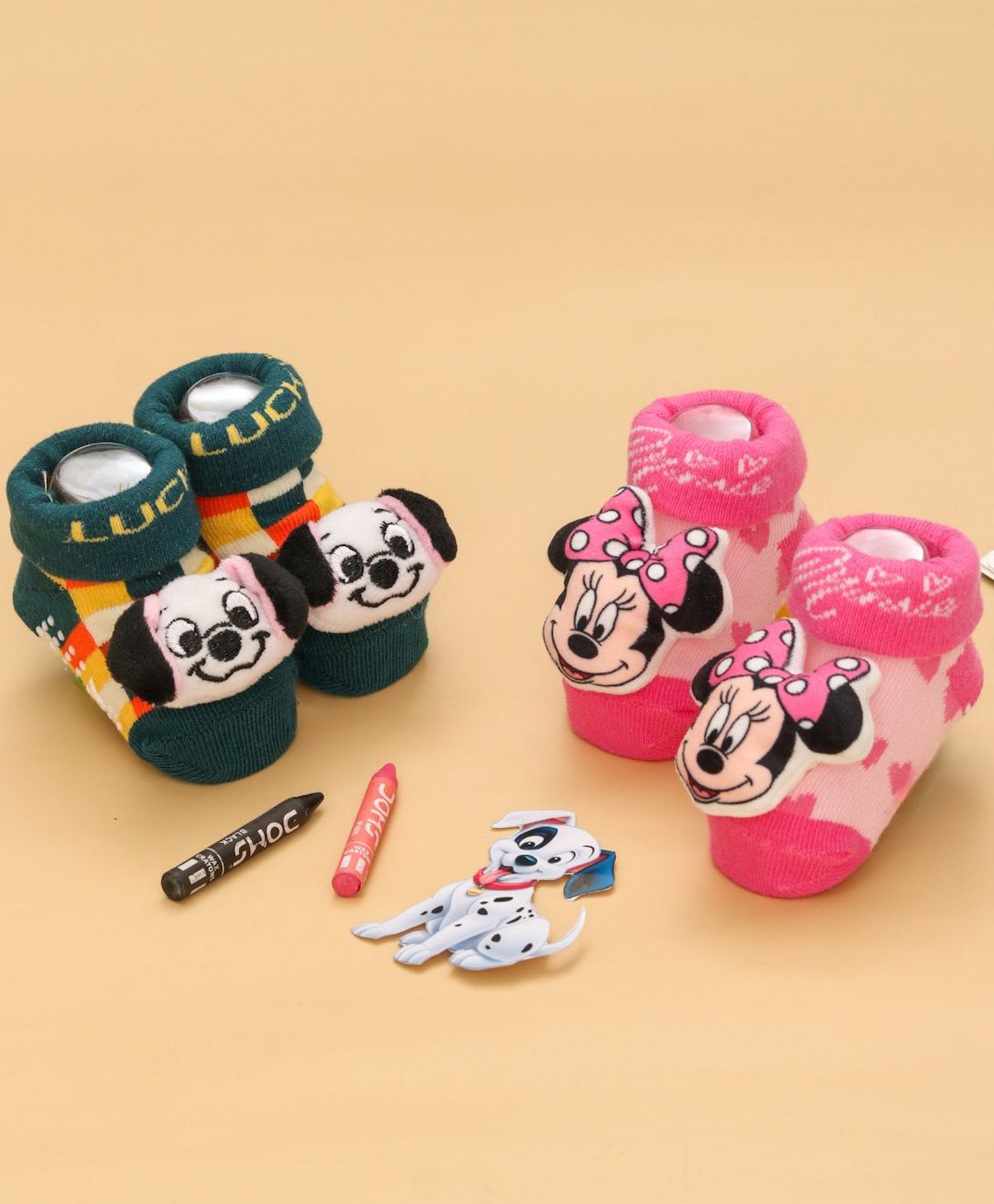 Disney by Yellow Bee Pack Of 2 Mickey & Friends Featuring Minnie Mouse Applique Detailed 3D Socks - Pink & Dark Green-picture-30