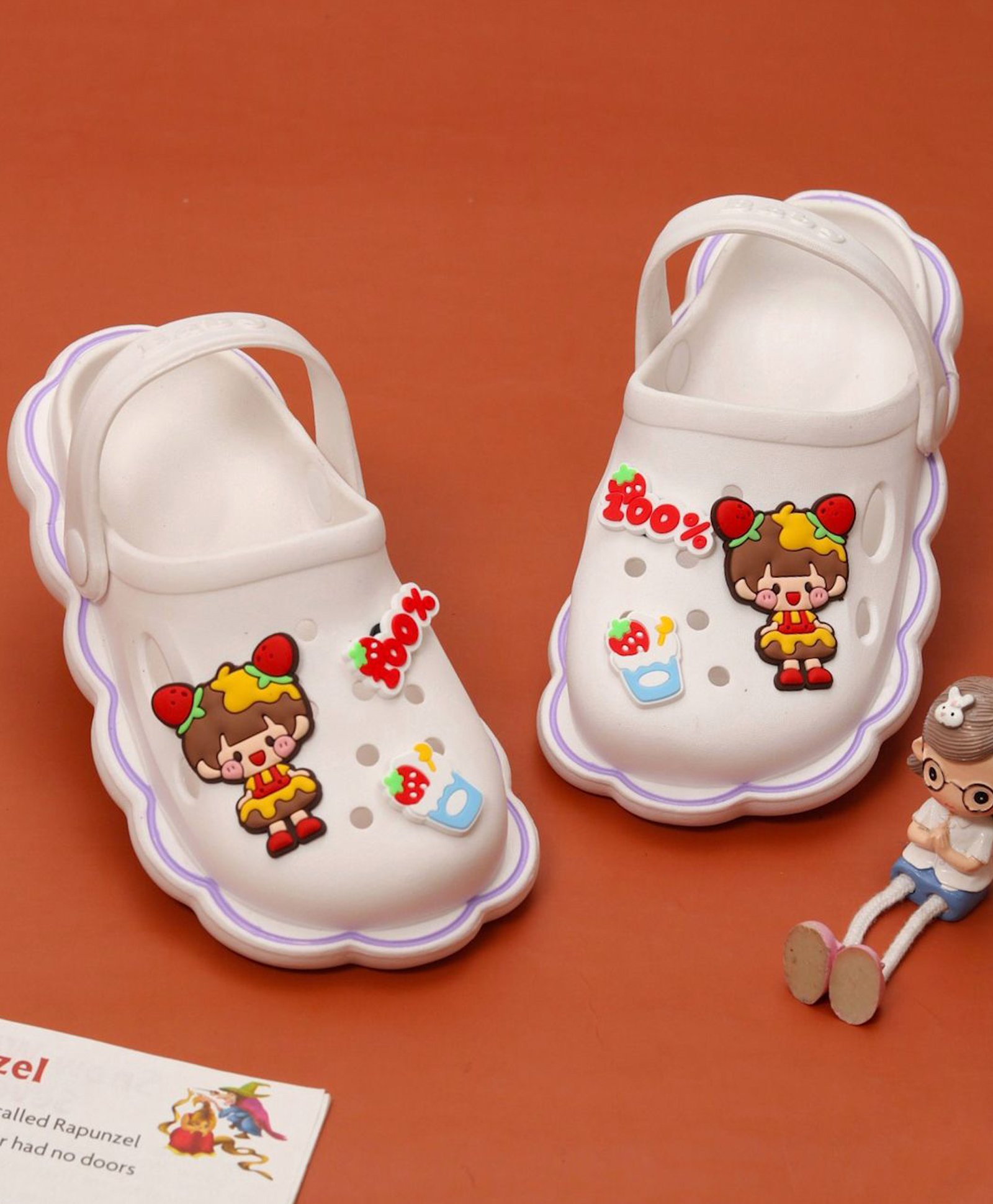 Yellow Bee Strawberry & Girl Applique Detailed Purforated Slingback Clogs - White-picture-18