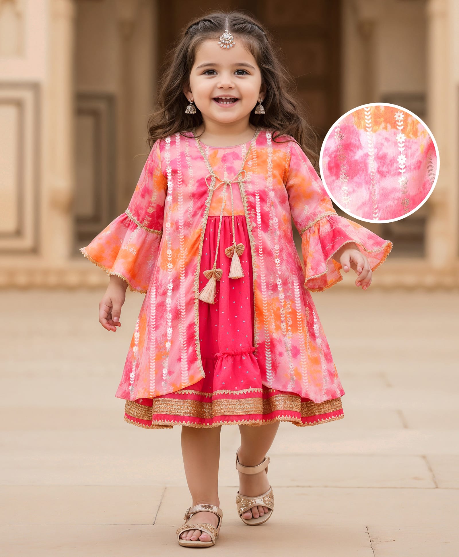 Babyhug WovenTie & Dye Printed Ethnic Dress with Floral Zari Booti Detailing & Three Fourth Sleeves Shrug - Dark Pink-image-15