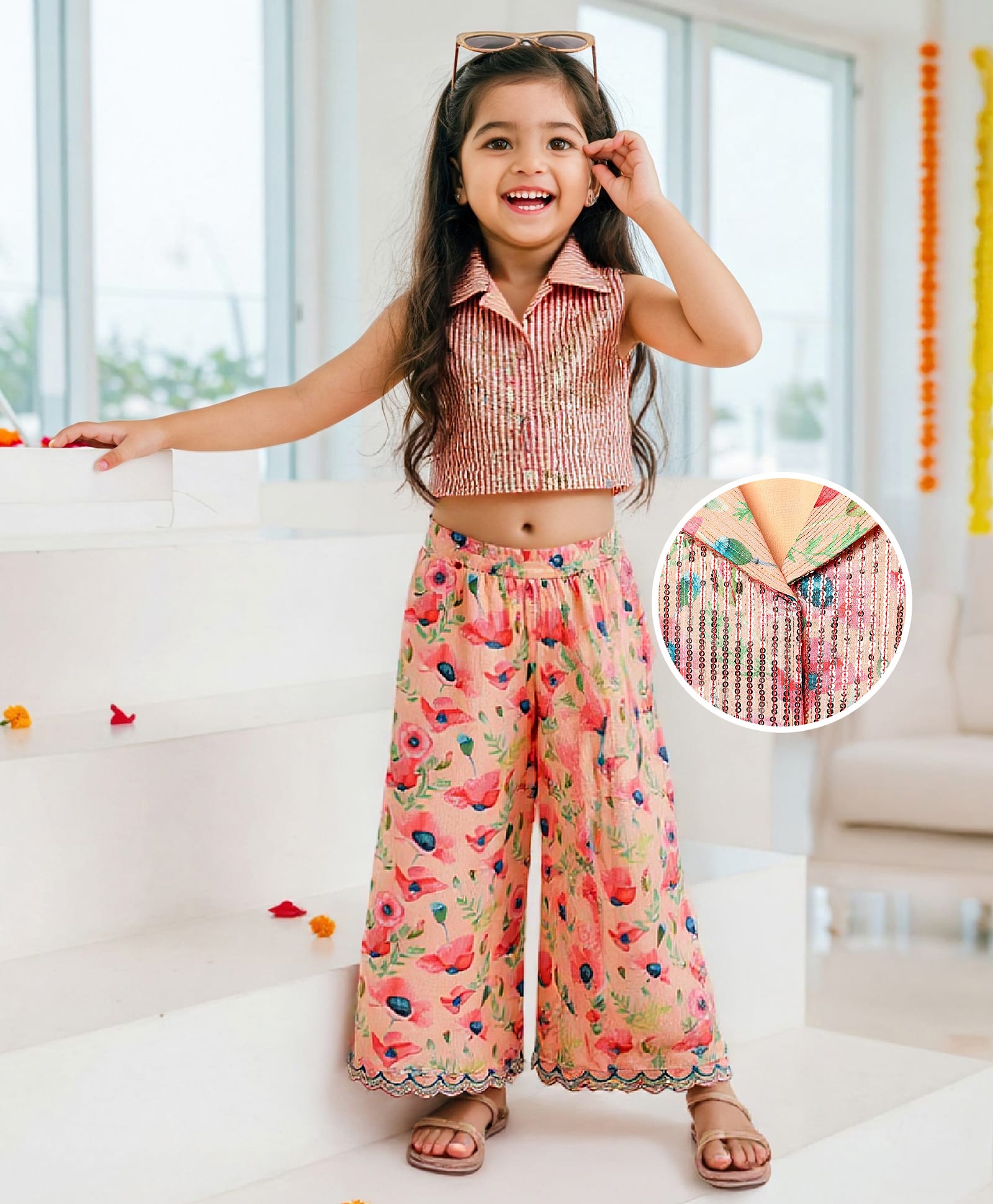 Babyhug Woven Sleeveless Indo Western Set with Floral Print & Sequin Detailing - Peach
