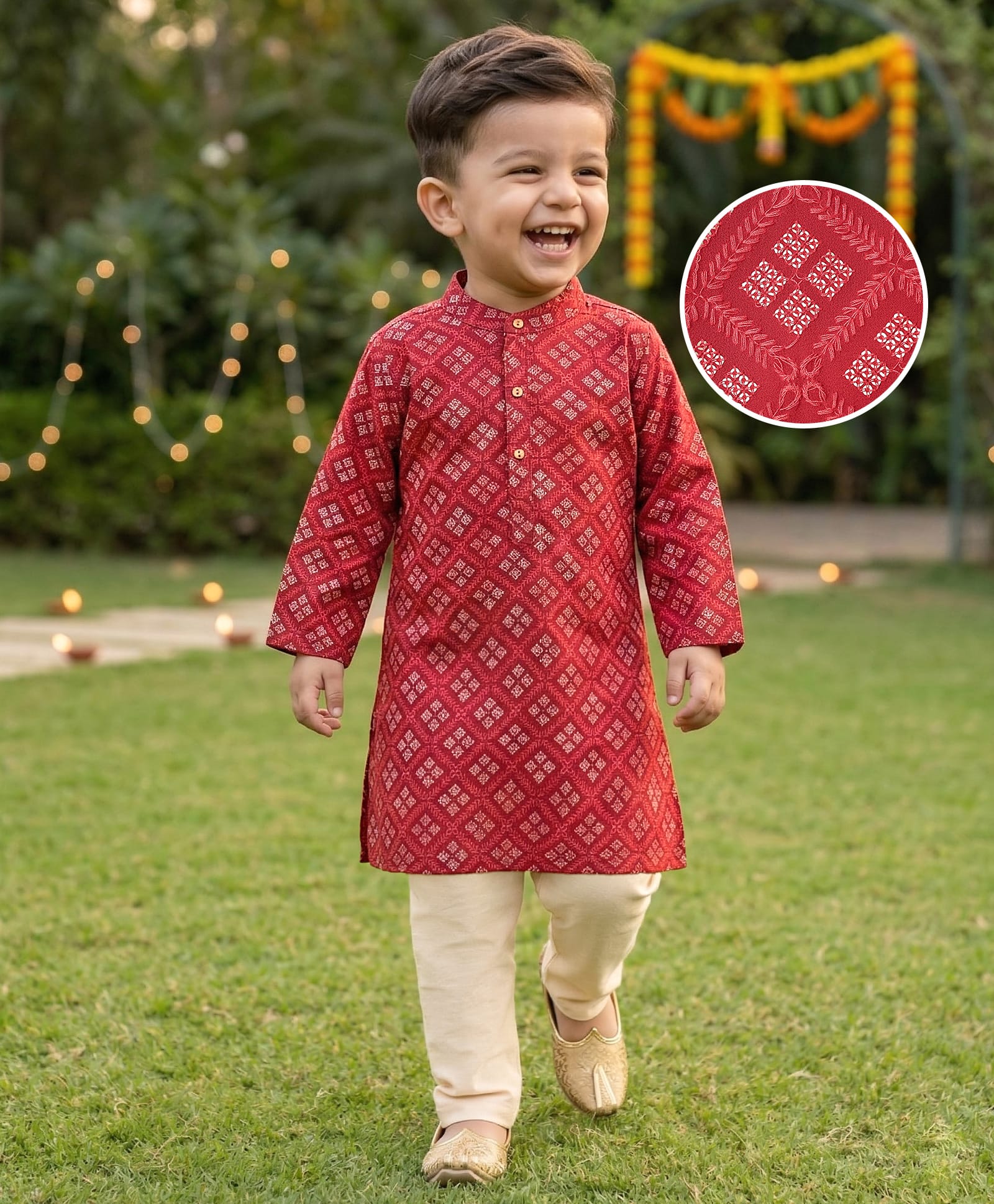 Babyhug Woven Full Sleeves Sequinned Embellished Kurta Pyjama Set - Red-picture-12