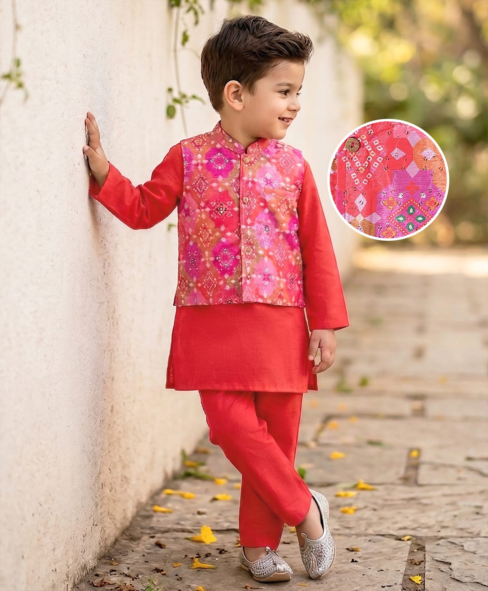 Babyhug Woven Full Sleeves Kurta & Pyjama Set With Bandhani Printed Jacket - Red-picture-25