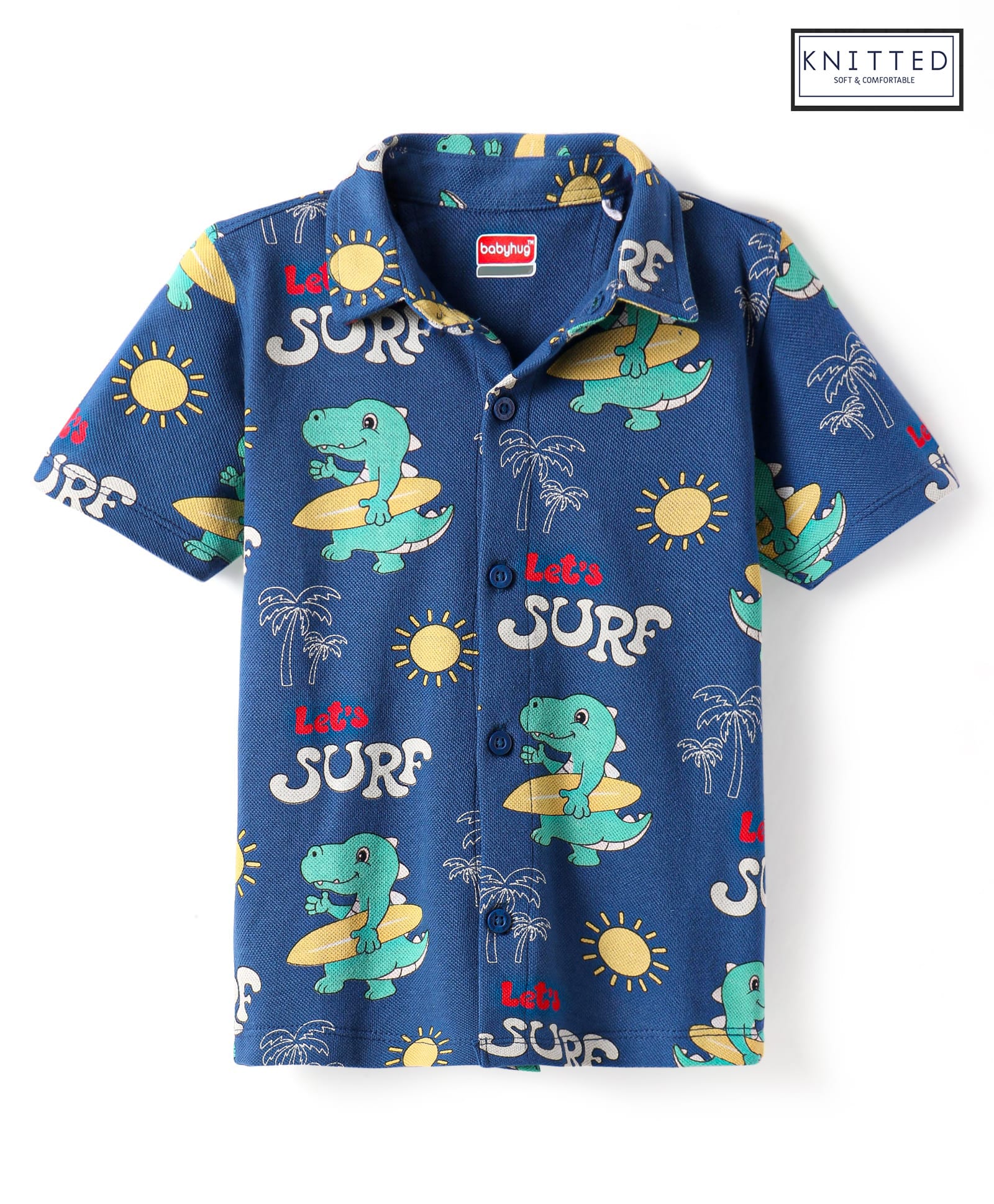 Babyhug Cotton Knit Half Sleeves Shirt with Dino & Surfing Theme Print - Navy Blue-picture-14