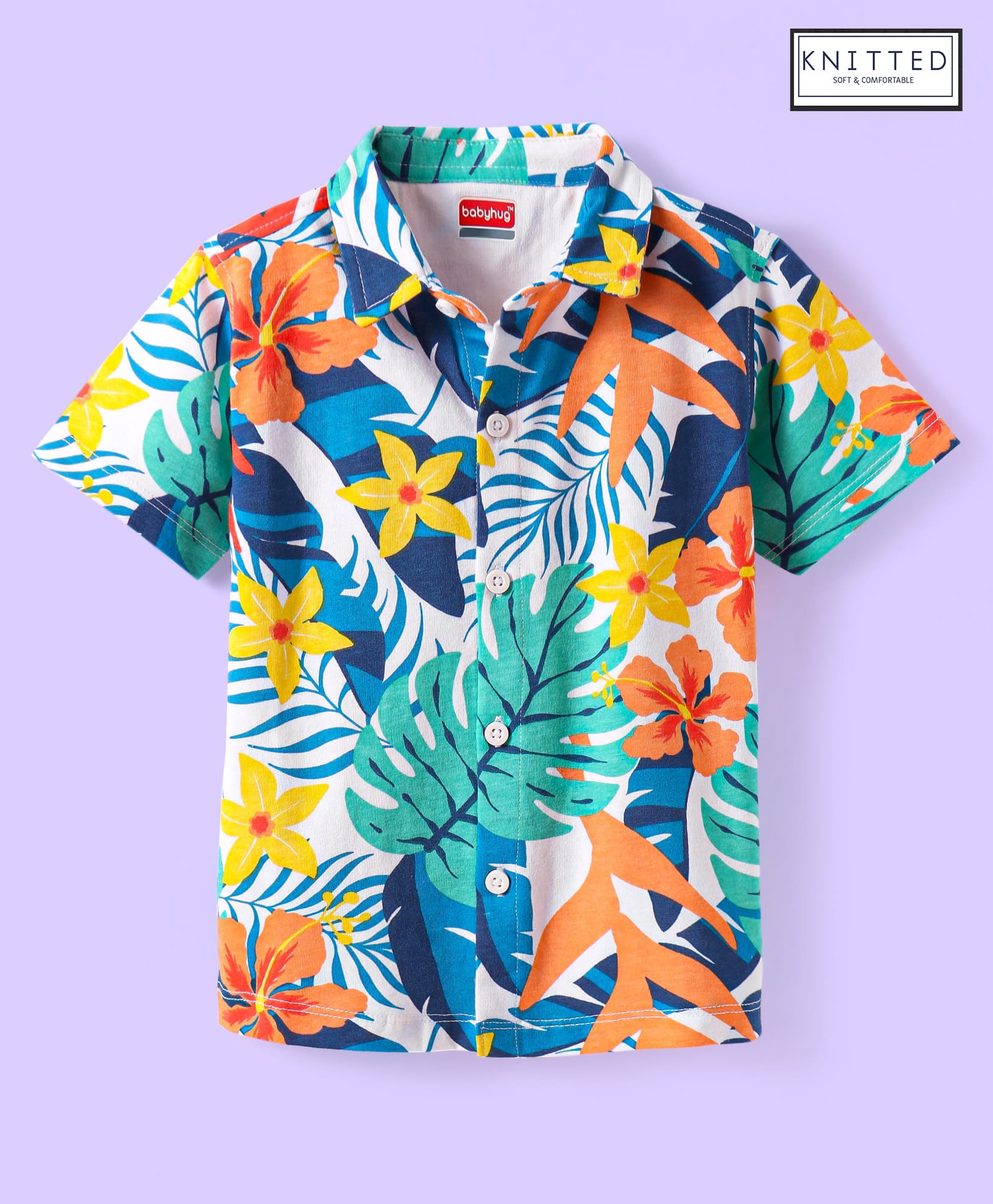 Babyhug Cotton Knit Half Sleeves Shirt with Tropical Theme Print - White-image-47