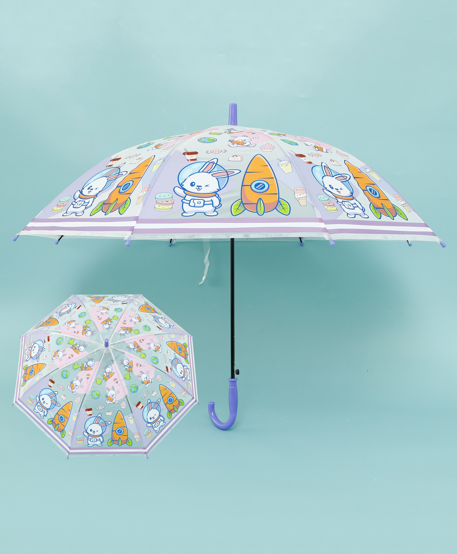 Rabbit Printed J Shaped Handle Umbrella - Purple