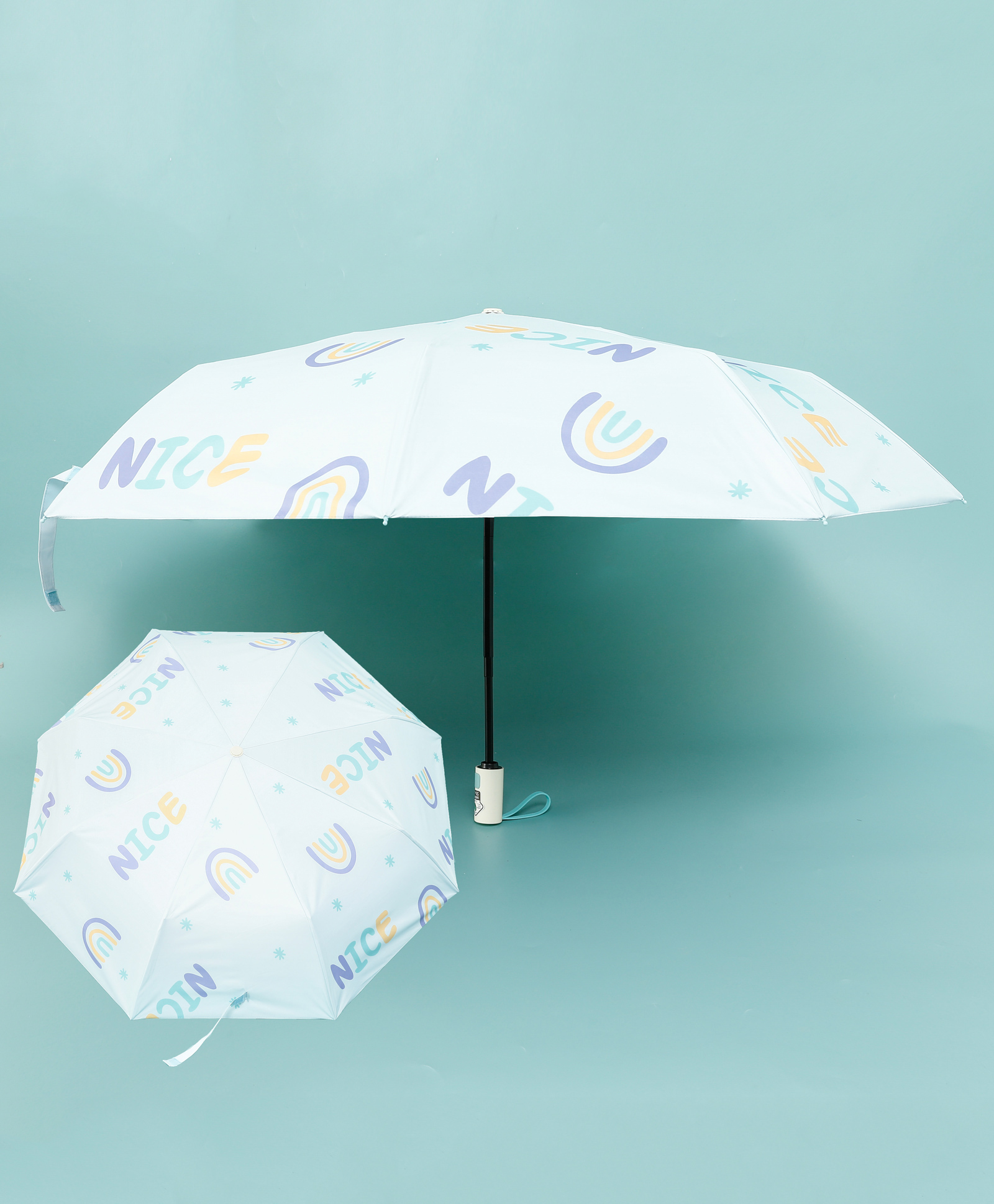 Kids Umbrella with Rainbow Print - Light Blue