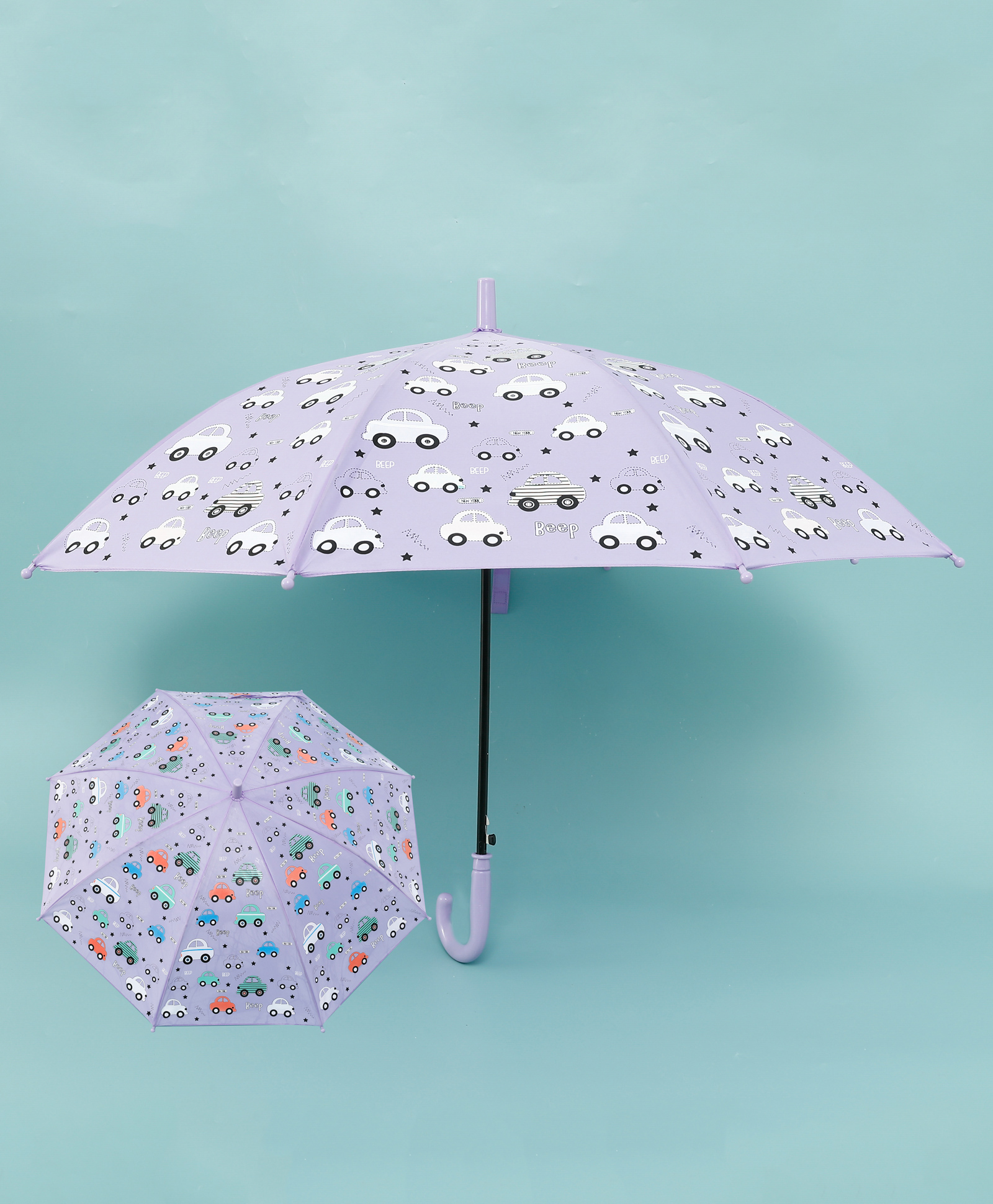 fab n funky Babyhug Car Printed J Shaped Handle Umbrella - Purple-picture-17