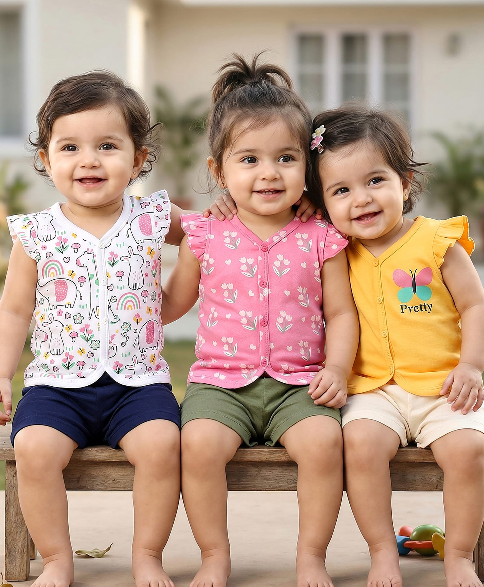 Babyhug 100% Cotton Interlock Knit Front Open Vests With Floral & Elephant Print Pack Of 3 - Yellow Pink & White-picture-28