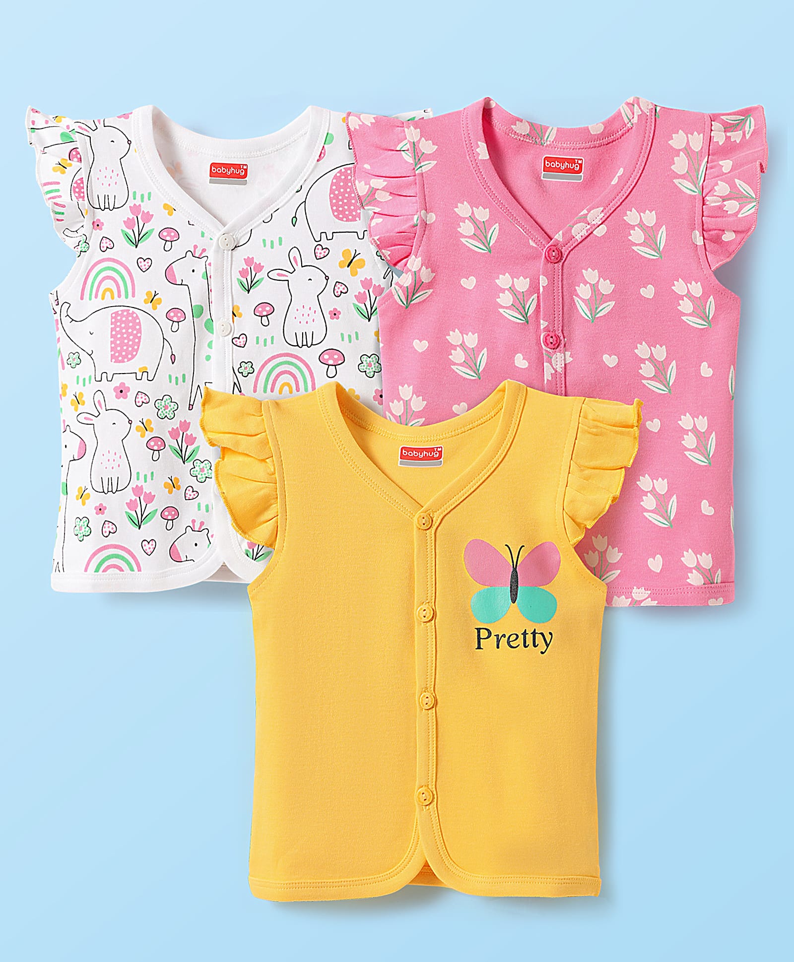 Babyhug 100% Cotton Interlock Knit Front Open Vests With Floral & Elephant Print Pack Of 3 - Yellow Pink & White