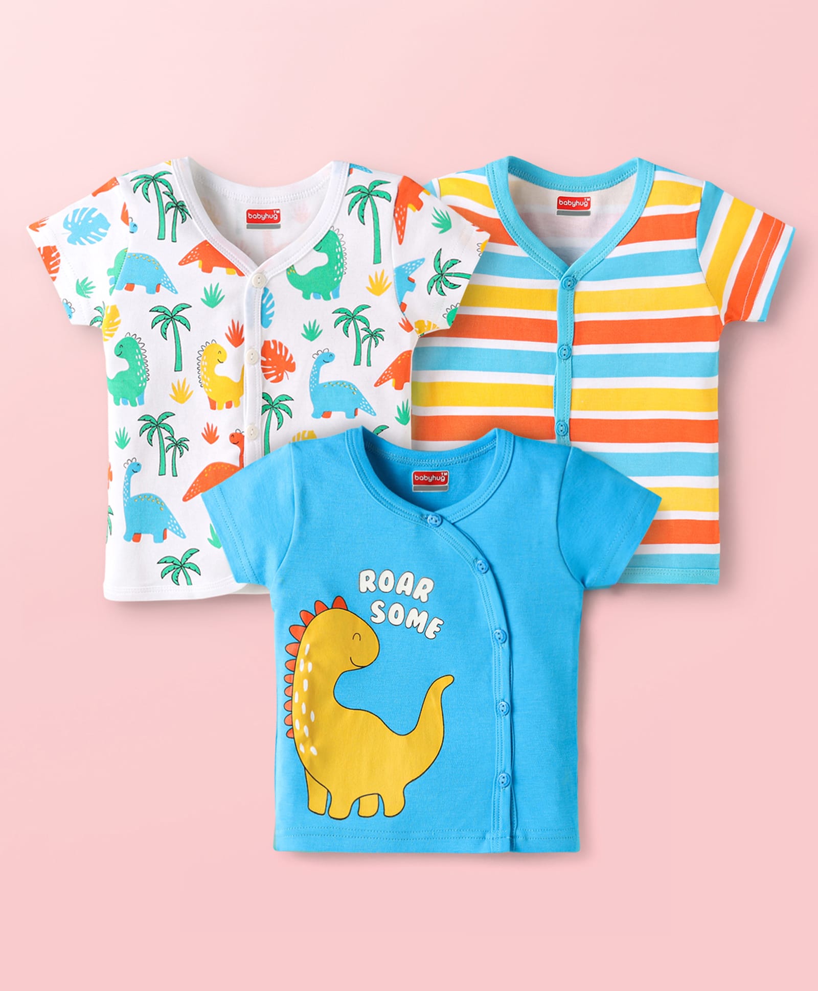 Babyhug 100% Cotton Interlock Knit Front Open Half Sleeves Vests With Striped & Dino Print Pack Of 3 - Light Blue & White-picture-32