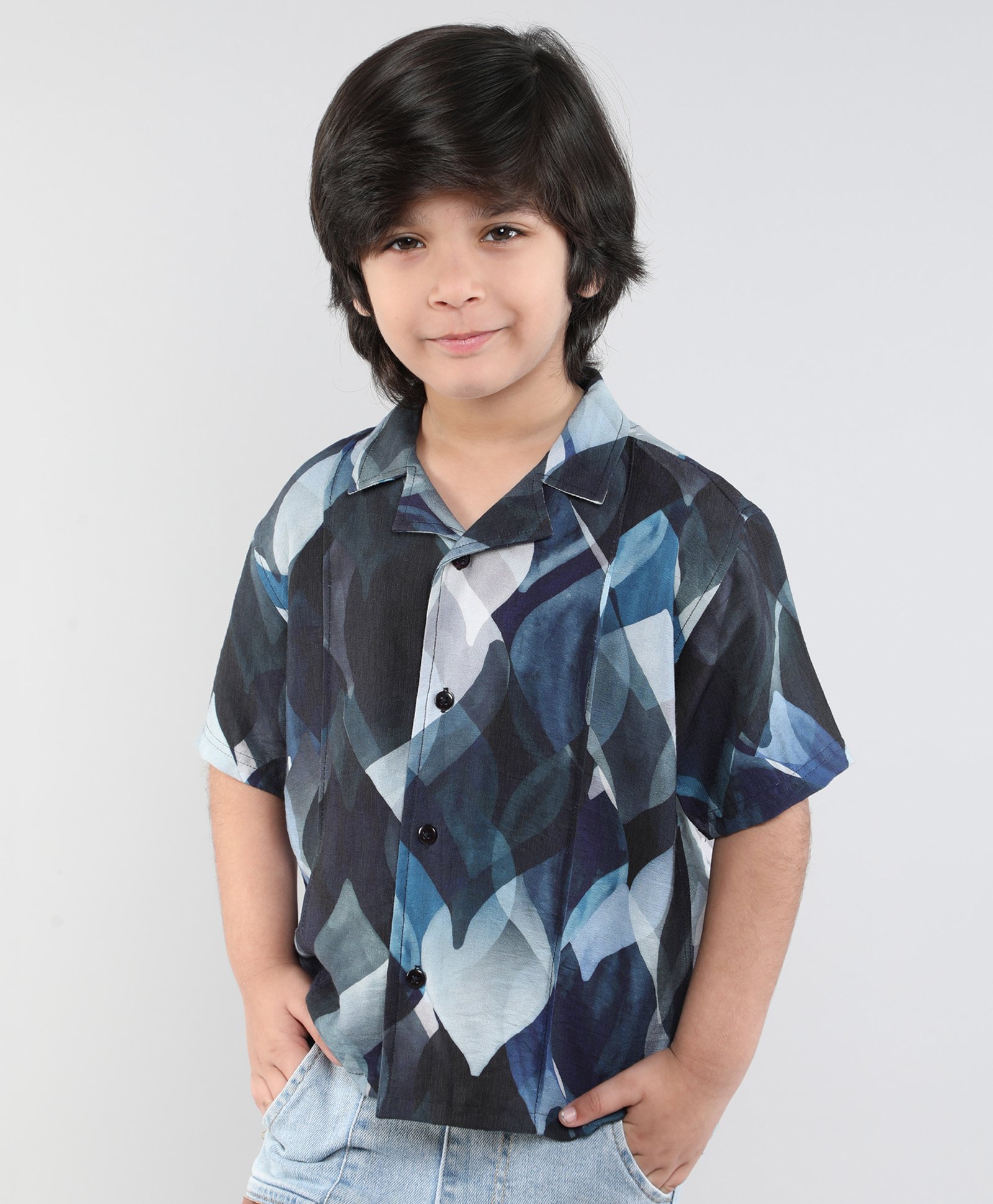 Taffykids Half Sleeves Abstract Printed Oversized Shirt - Blue & Multi Colour-picture-10