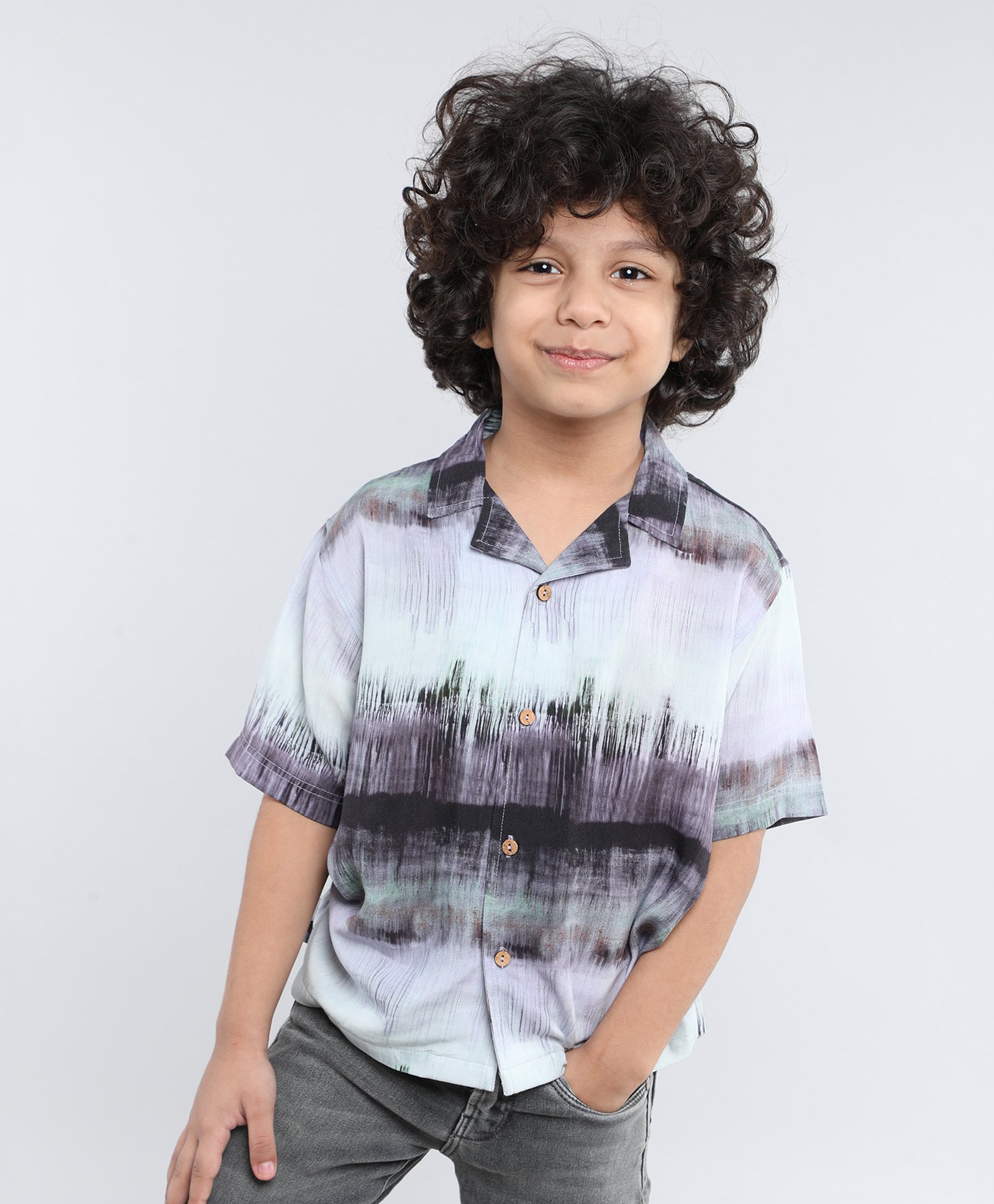 Taffykids Rayon Half Sleeves Tie Dye Oversized Shirt - Brown & Multi Colour-image-40