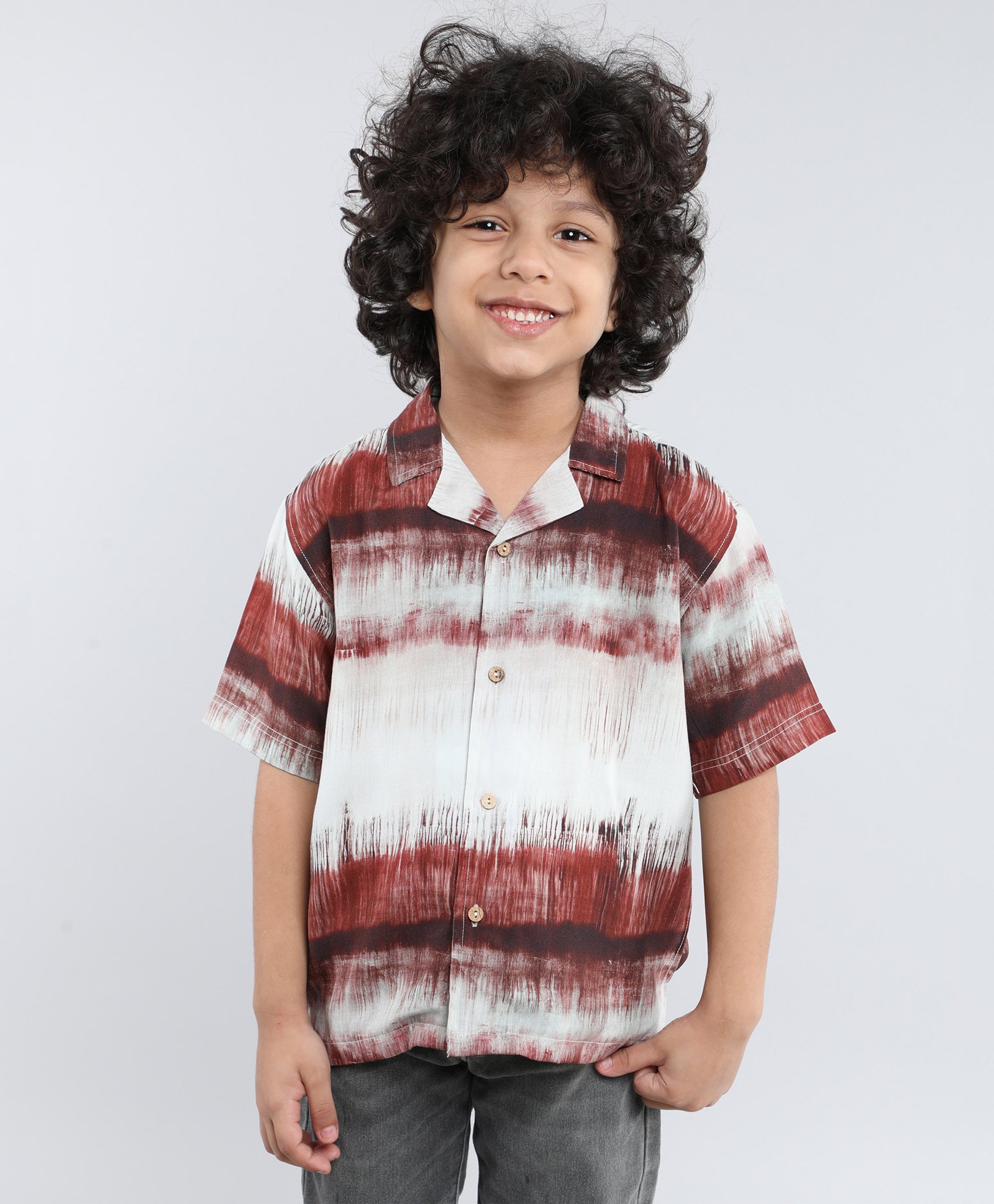 Taffykids Rayon Half Sleeves Tie Dye Oversized Shirt - Maroon & Multi Colour-picture-29