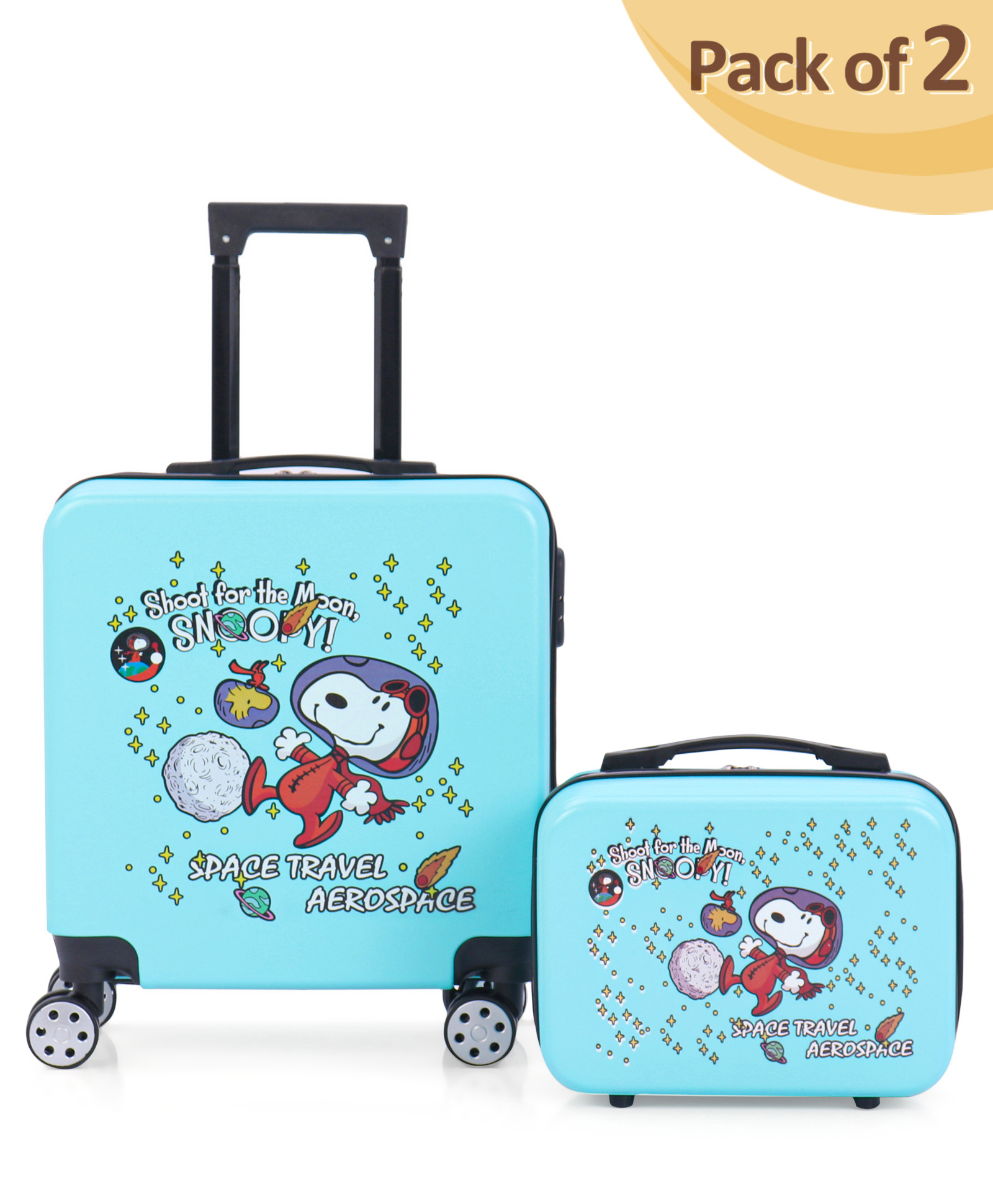 Kids Travel Luggage Snoopy Print With Carry-On Luggage & Wheels Pack of 2 Blue - 15 Inches
