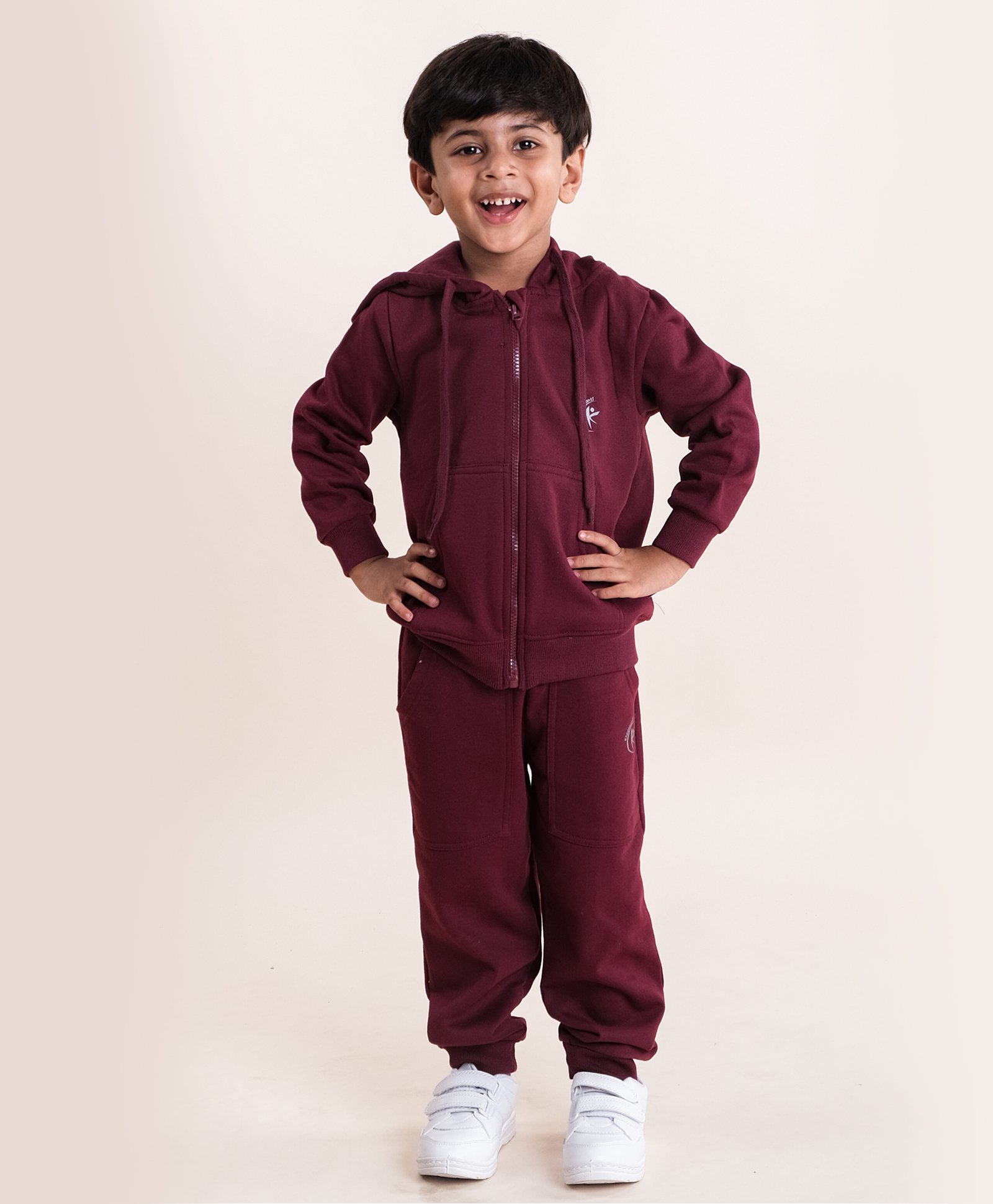 Kiddopanti Fleece Full Sleeves Brand Name Printed Coordinated Hooded Sweatshirt & Joggers Set - Maroon-picture-36