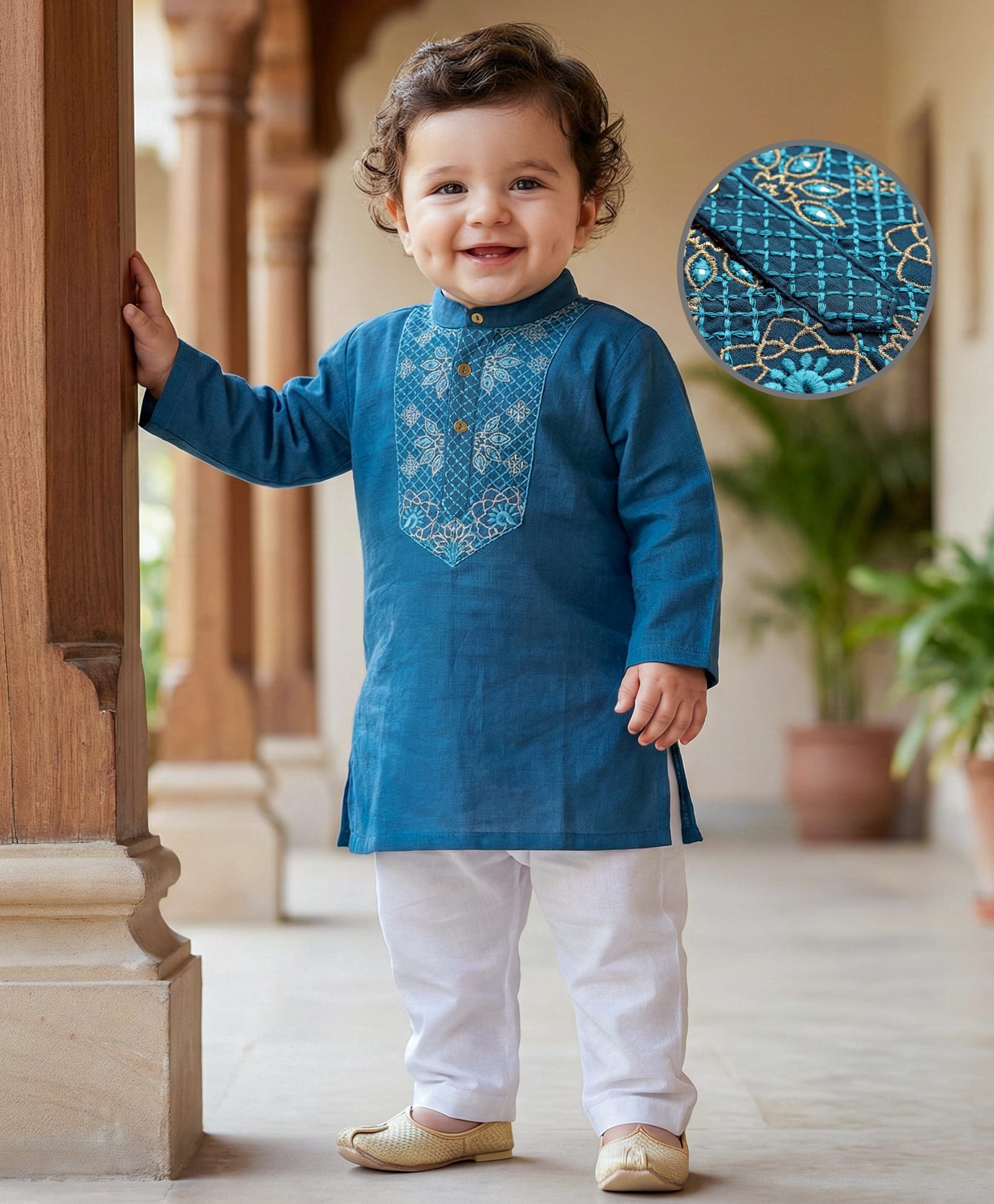 Babyoye 100% Cotton Woven Full Sleeves Kurta Pyjama Set With Floral Embroidery - Blue-image-14