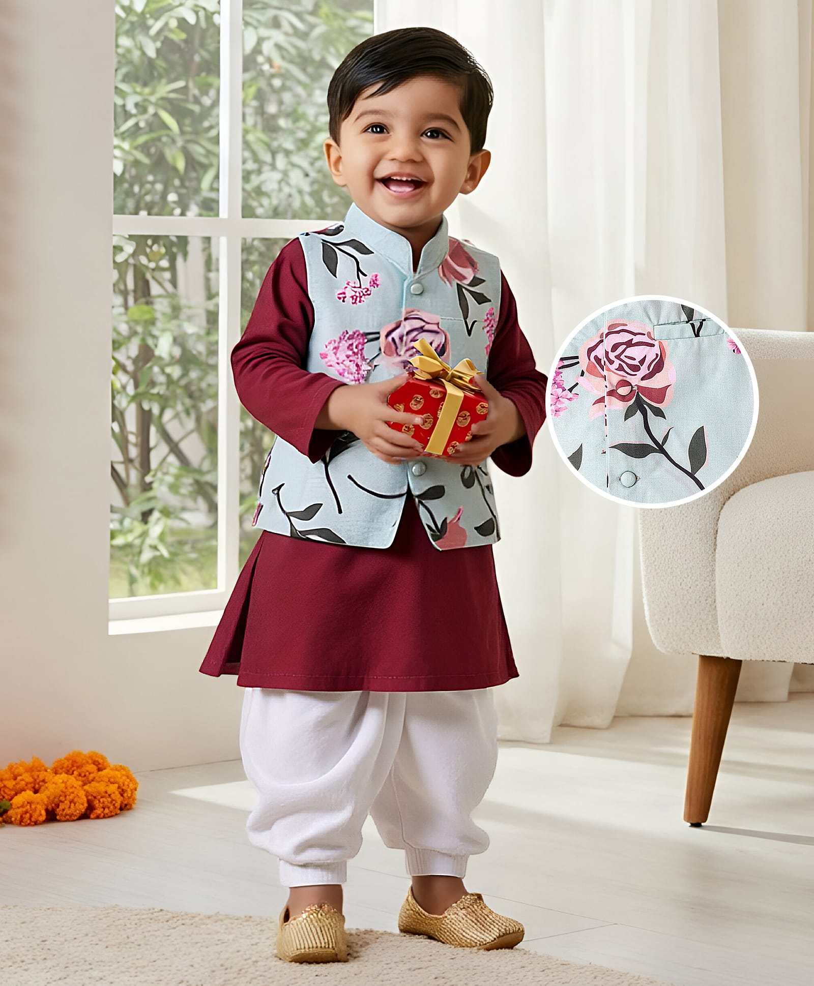 Babyoye 100% Cotton Woven Full Sleeves Kurta Dhoti Set With Floral Printed Jacket -Maroon-picture-28