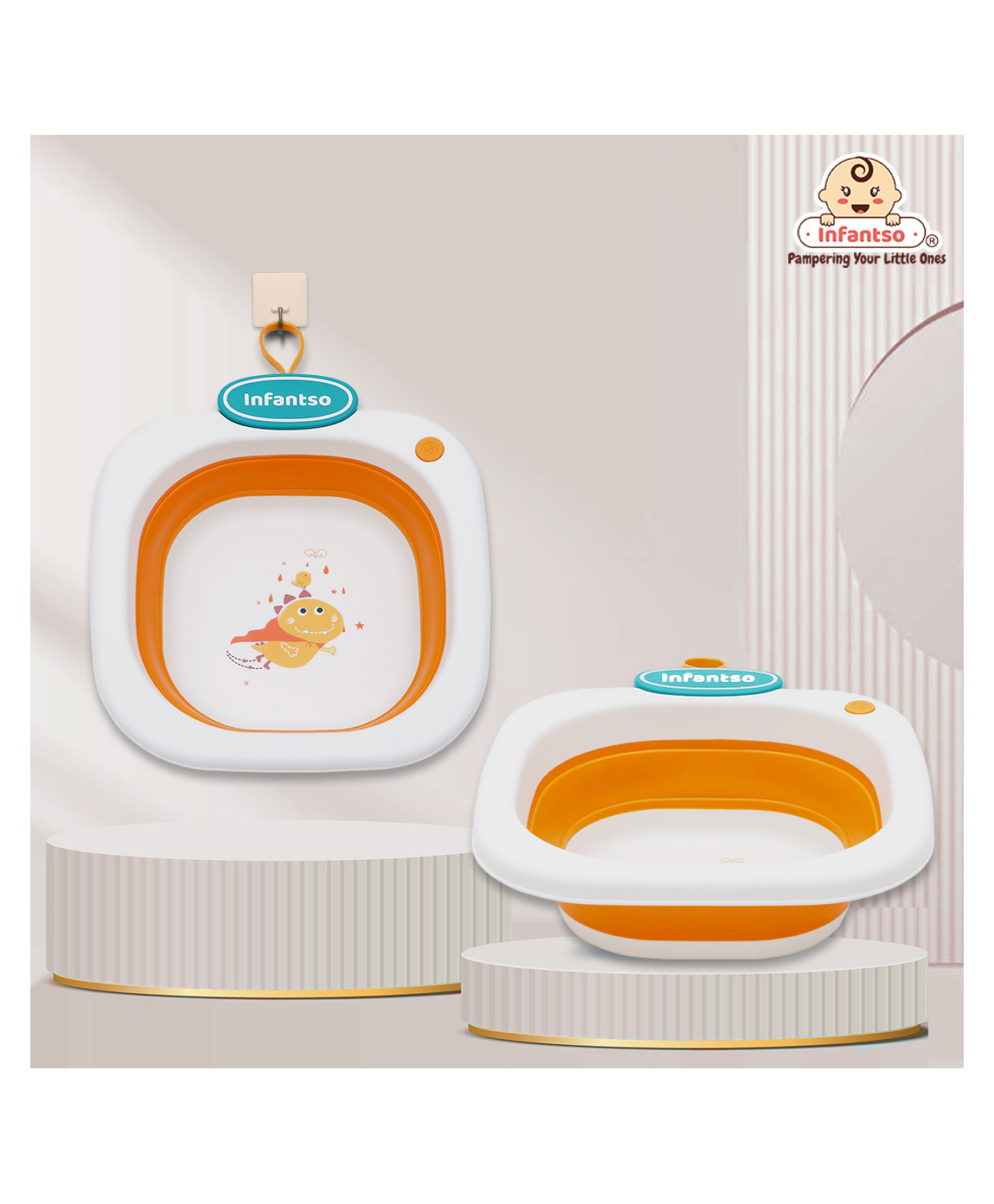 Infantso Multi-Purpose Collapsible Wash Basin | Space-Saving Foldable Baby Wash Basin | Easy Clean, Lightweight & Portable | Ideal for Baby Bottles, Breast Pump Parts, Home, Kitchen & Outdoor Camping Use (Orange)