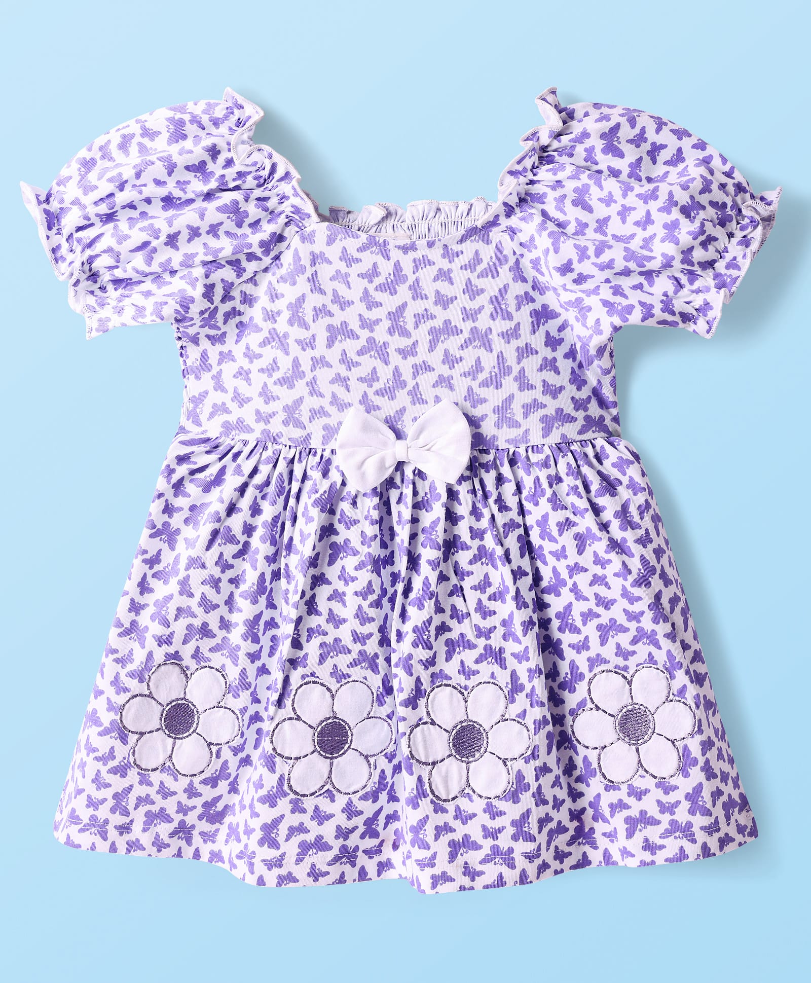 Babyhug Single Jersey Knit Half Puffed Sleeves Butterfly Printed Frock with Floral Patch & Bow Applique - White-picture-17