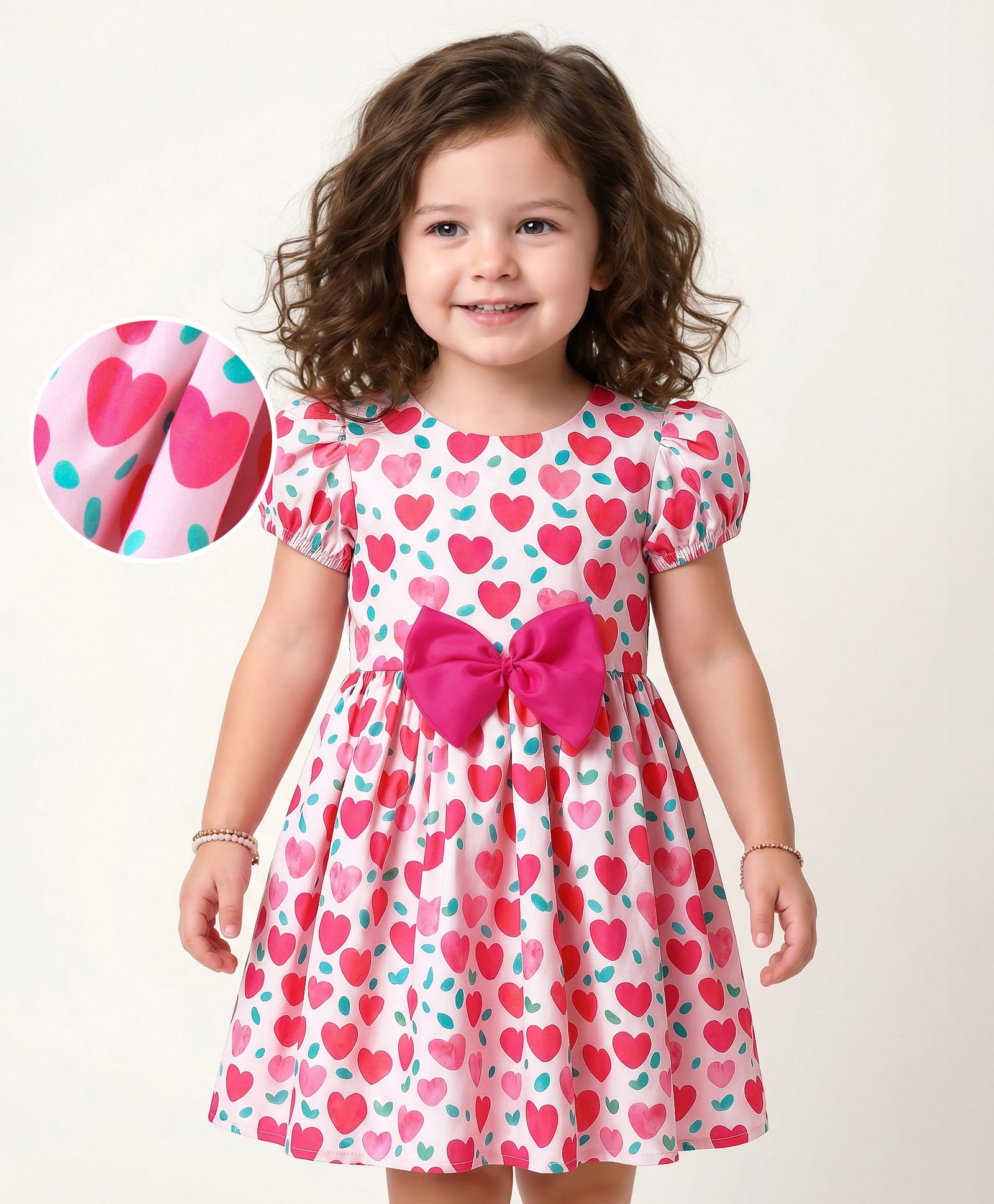 Mark & Mia Half Puffed Sleeves Frock with Bow Applique & Hearts Print - Pink