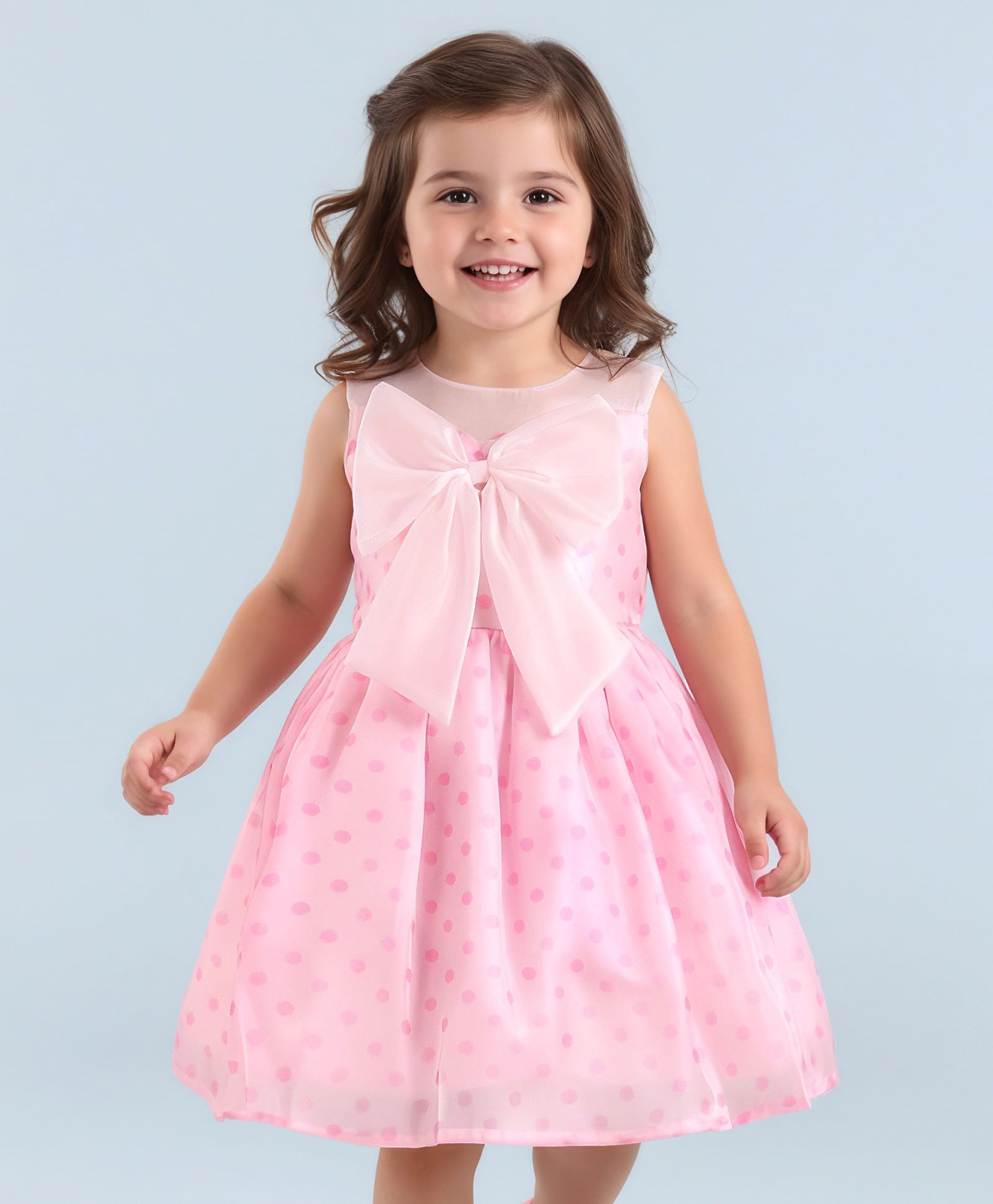 Mark & Mia Woven Sleeveless Party Frock With Bow Applique & Polka Dot Print - Pink-picture-31