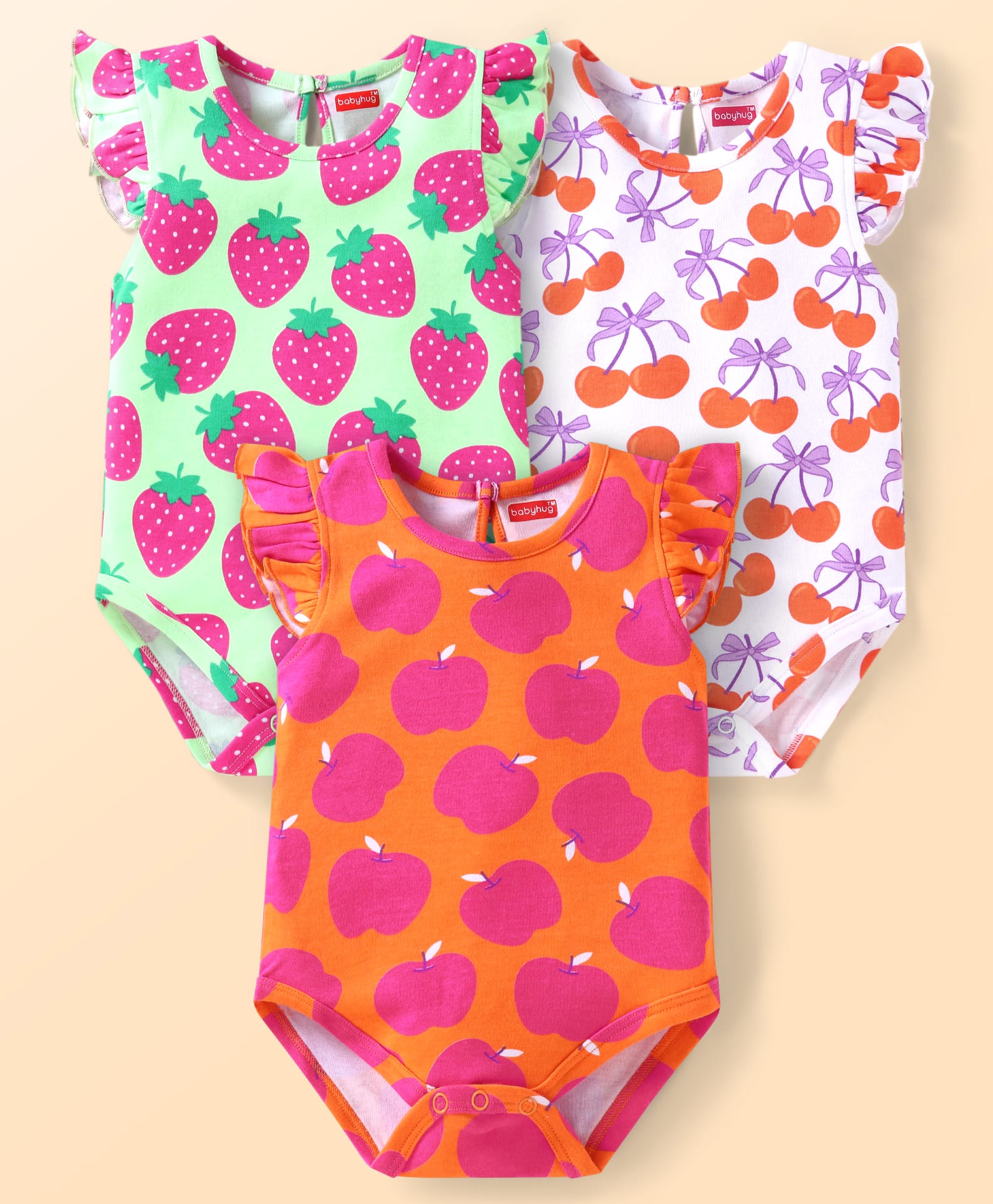 Babyhug 100% Cotton Knit Frill Sleeves Onesies With Fruit Print Pack of 3 - White Orange & Light Green