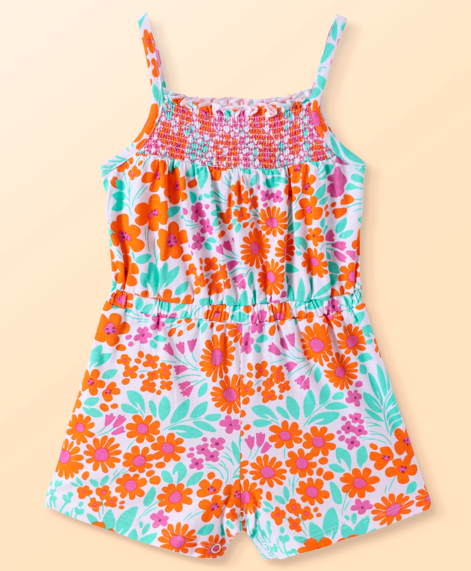 Babyhug Cotton Knit Singlet Sleeves Jumpsuit with Floral Print & Shimmer - White-image-44