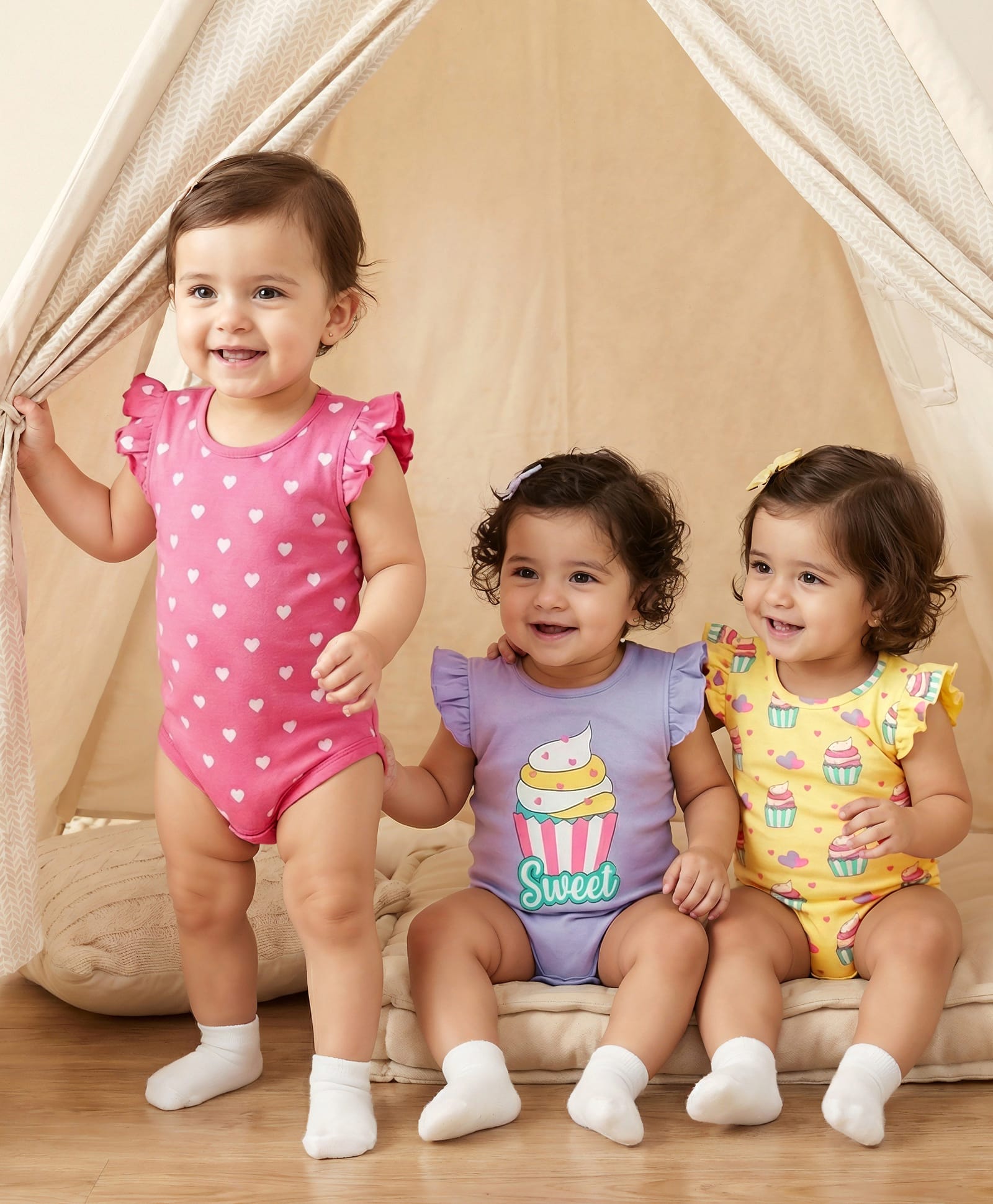 Babyhug 100% Cotton Knit Frill Sleeves Cupcake & Polka Dot Printed Onesies Pack of 3- Lilac Yellow & Dark Pink-image-10