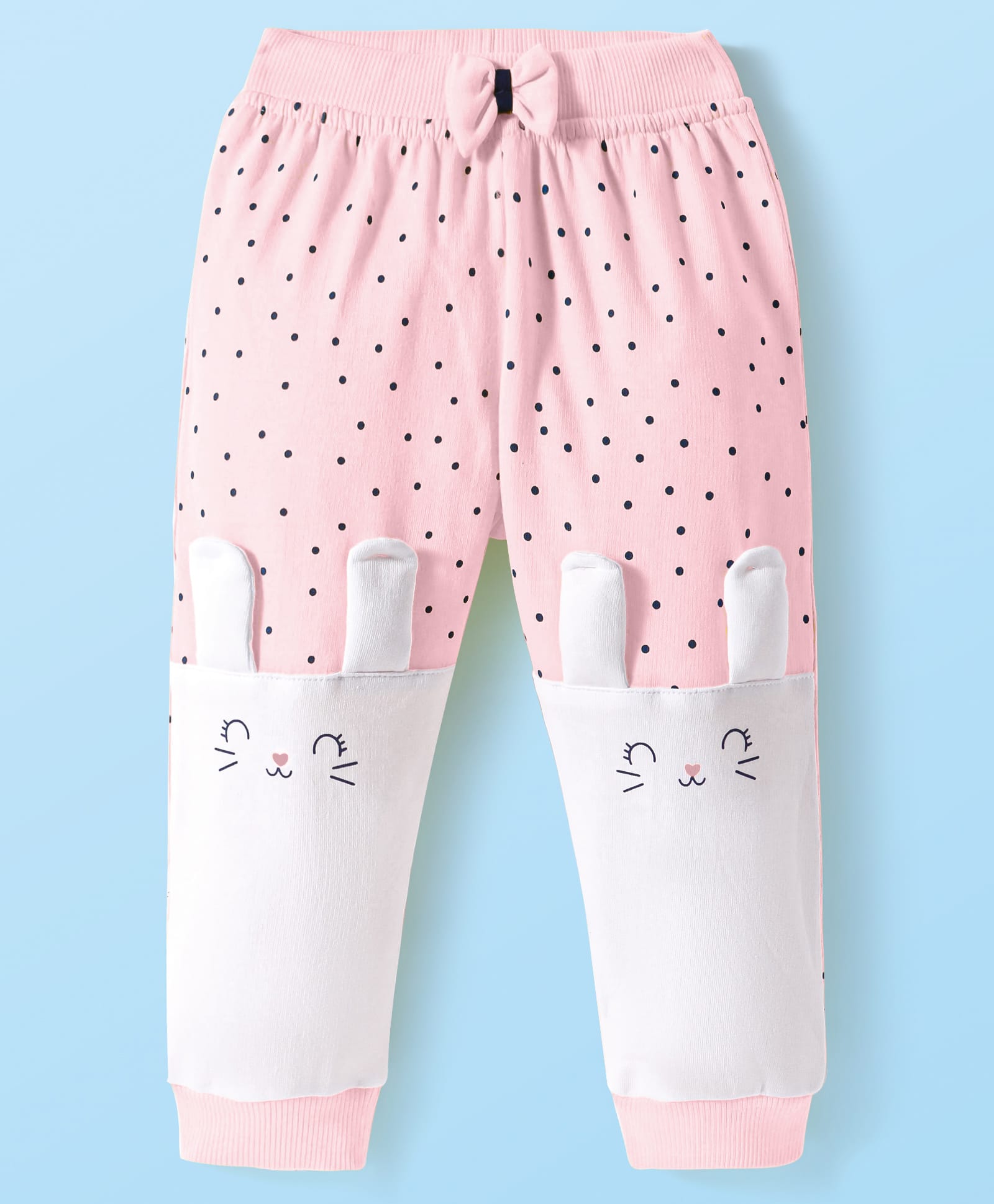 Babyhug Terry KnitFull Length Lounge Pants With Polka Dots & Bunny Applique - Pink & White-image-19