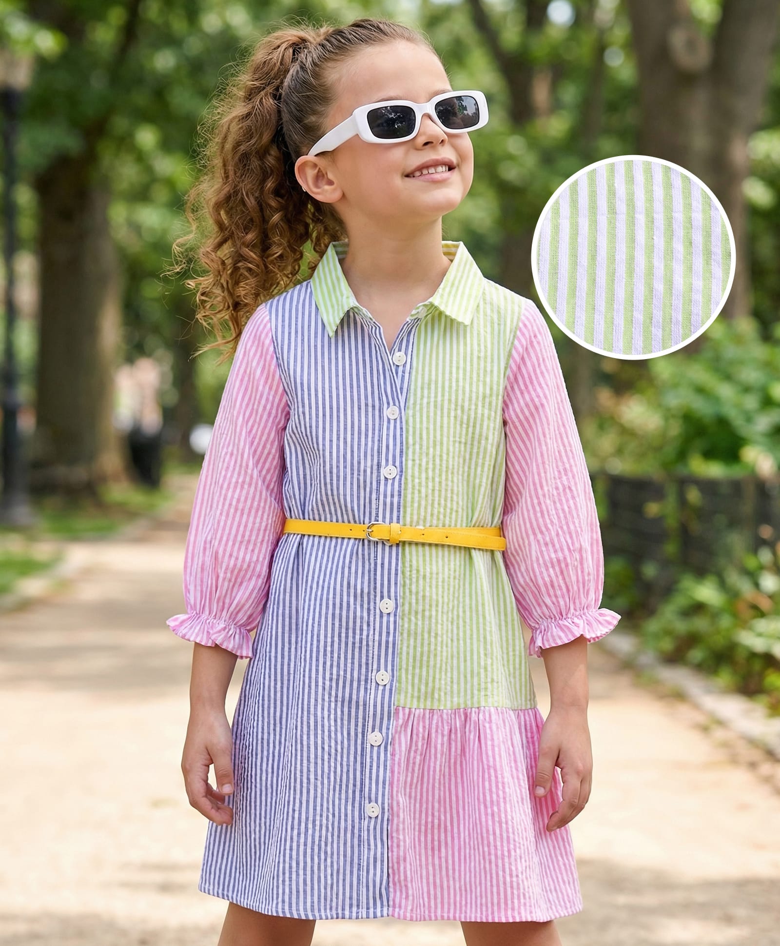 Hola Bonita WovenThree Fourth Sleeves Dress In Stripe Fabric & Cut & Sew Design - Multicolor-image-23