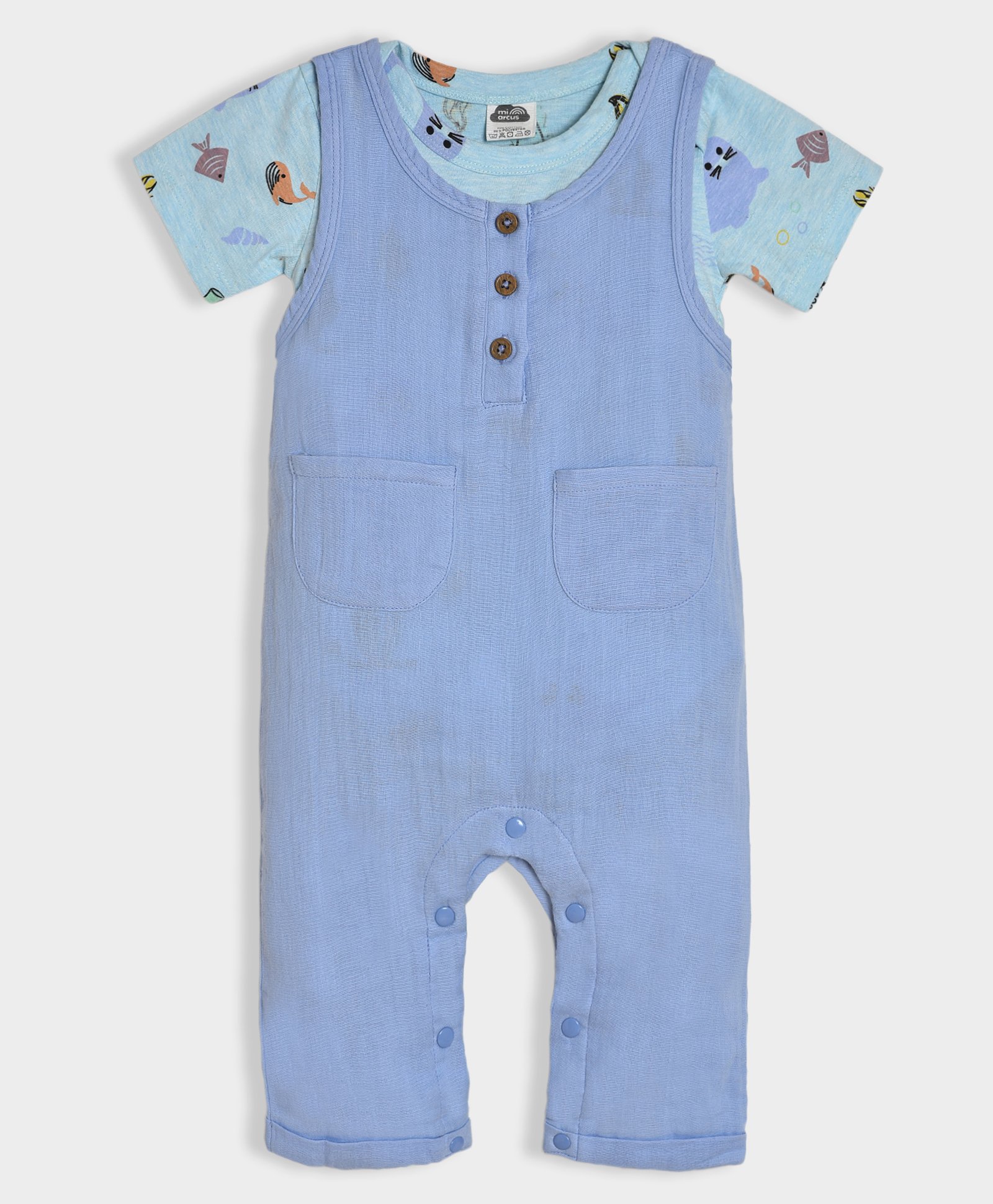 Mi Arcus 100% Cotton Solid Dungaree With Half Sleeves Fishes Printed Onesie Set - Blue-image-14