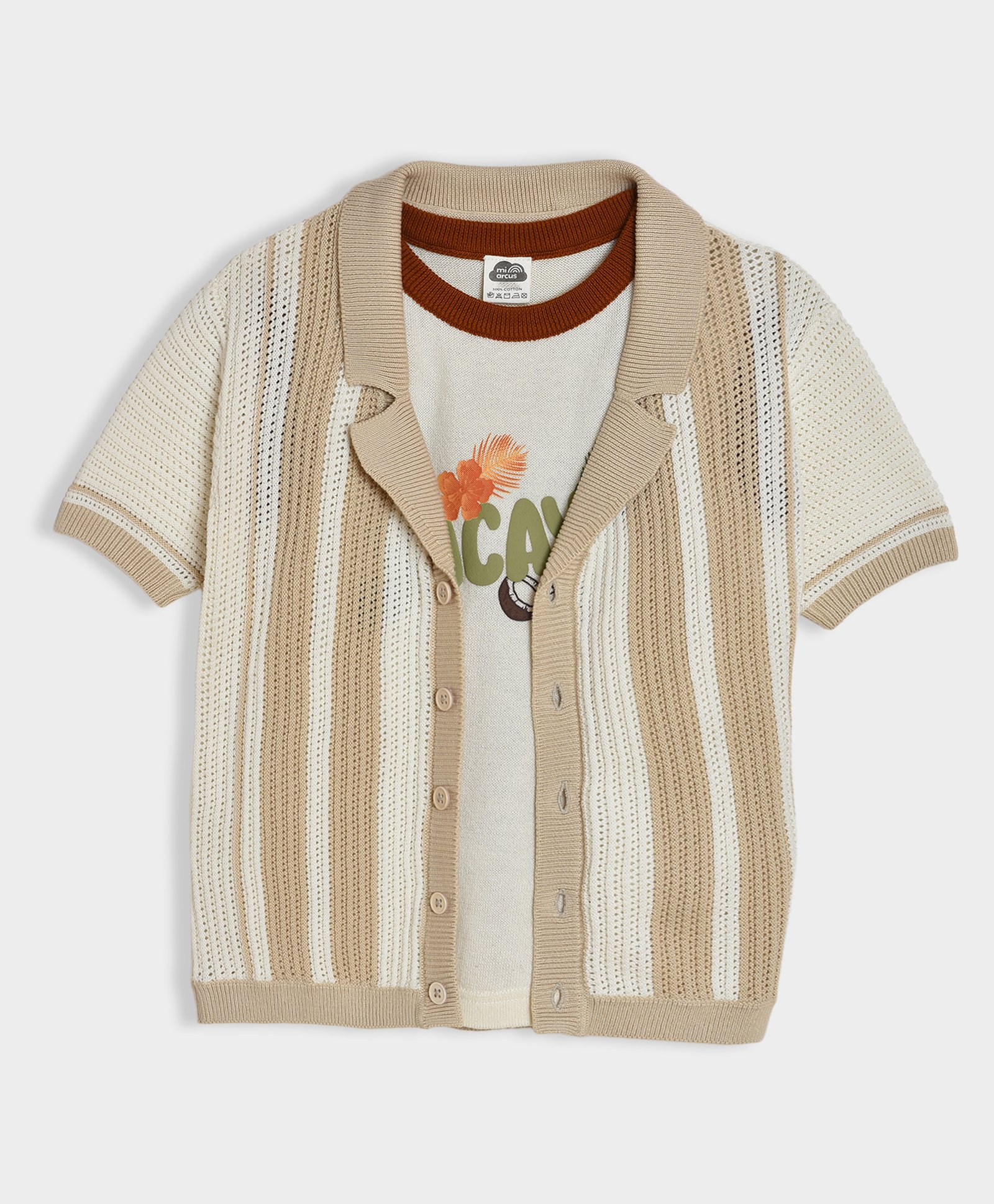 Mi Arcus 100% Cotton Half Sleeves Crochet Shirt & Typography Printed Tee - Cream-picture-23