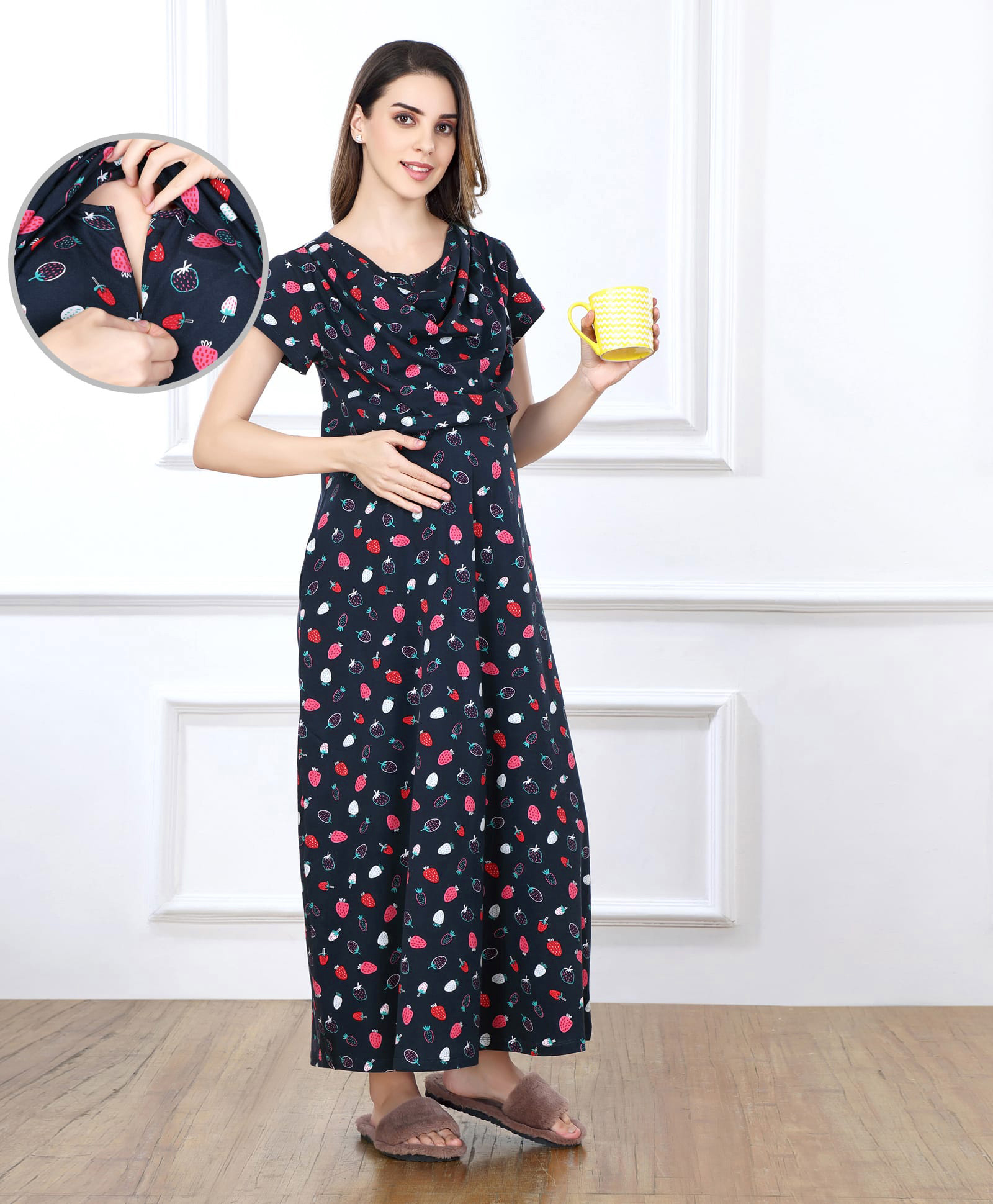 Bella Mama Cotton Knit Half Sleeves Concealed Zipper Strawberry Print Nighty - Navy Blue-image-16