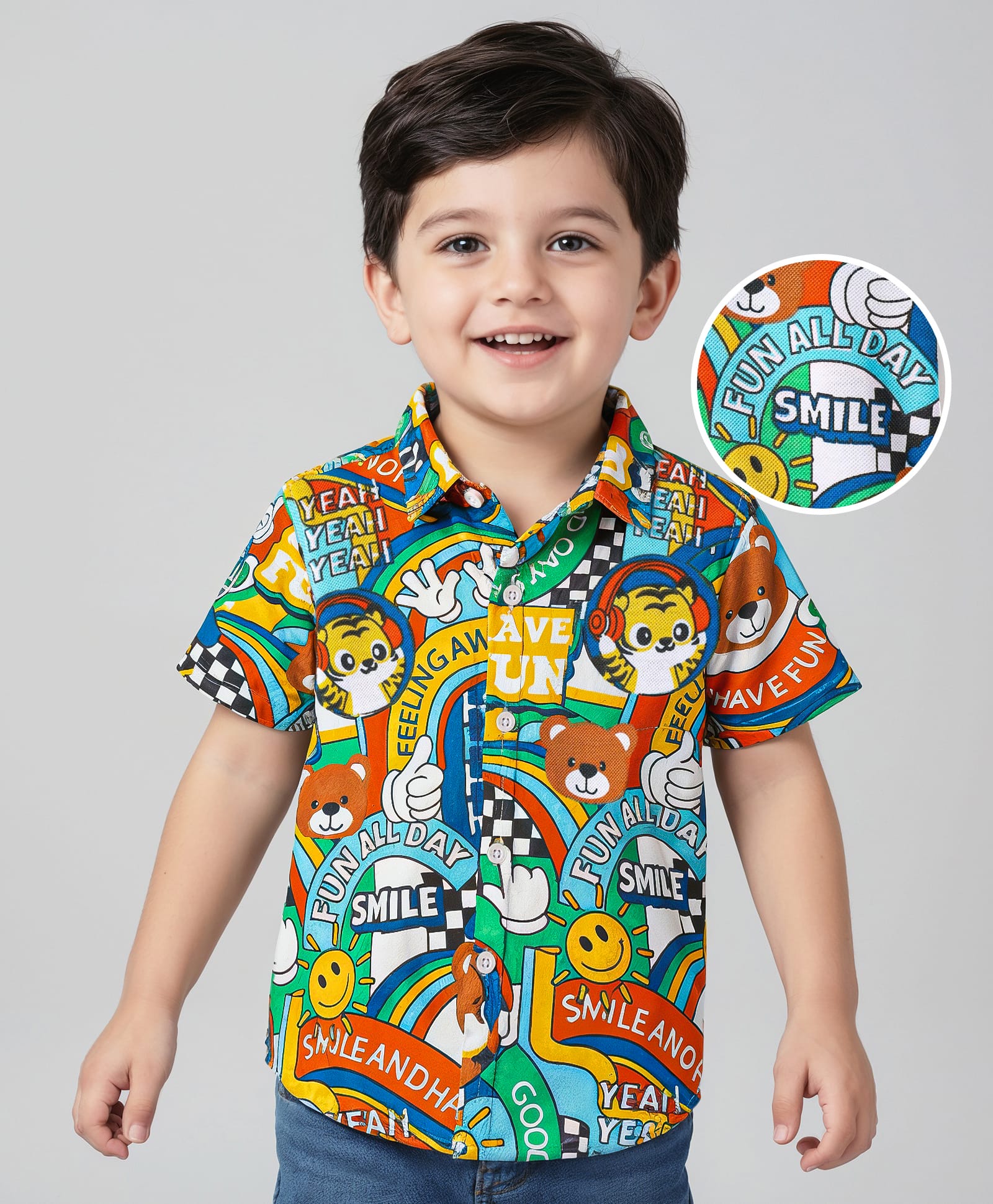 Babyhug Cotton Knit Half Sleeves Shirt with Smiley & Tiger Print - Green-image-22