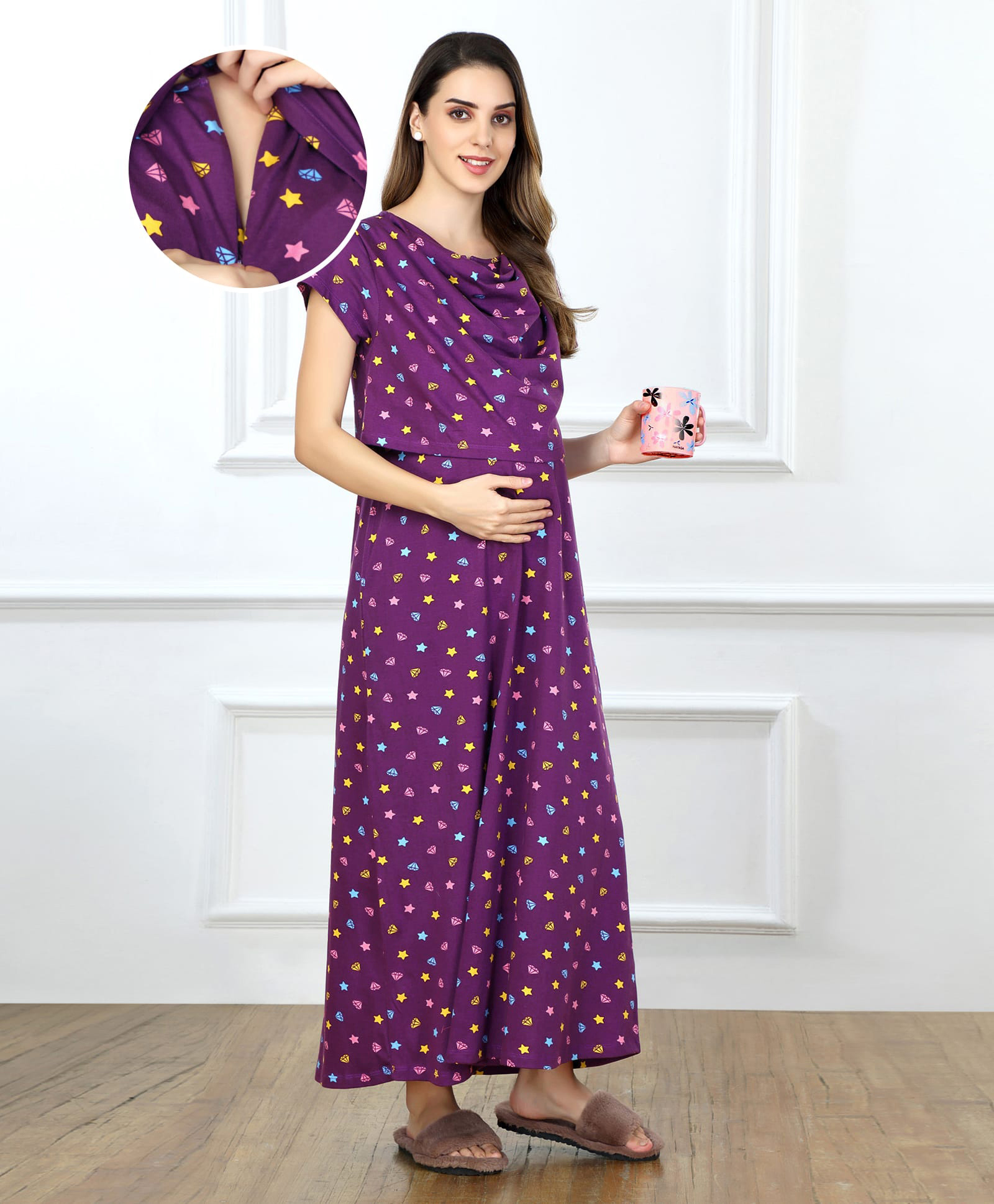 Bella Mama Cotton Knit Half Sleeves Concealed Zipper Nursing Nighty with Pockets Stars & Diamonds Print - Purple-picture-12