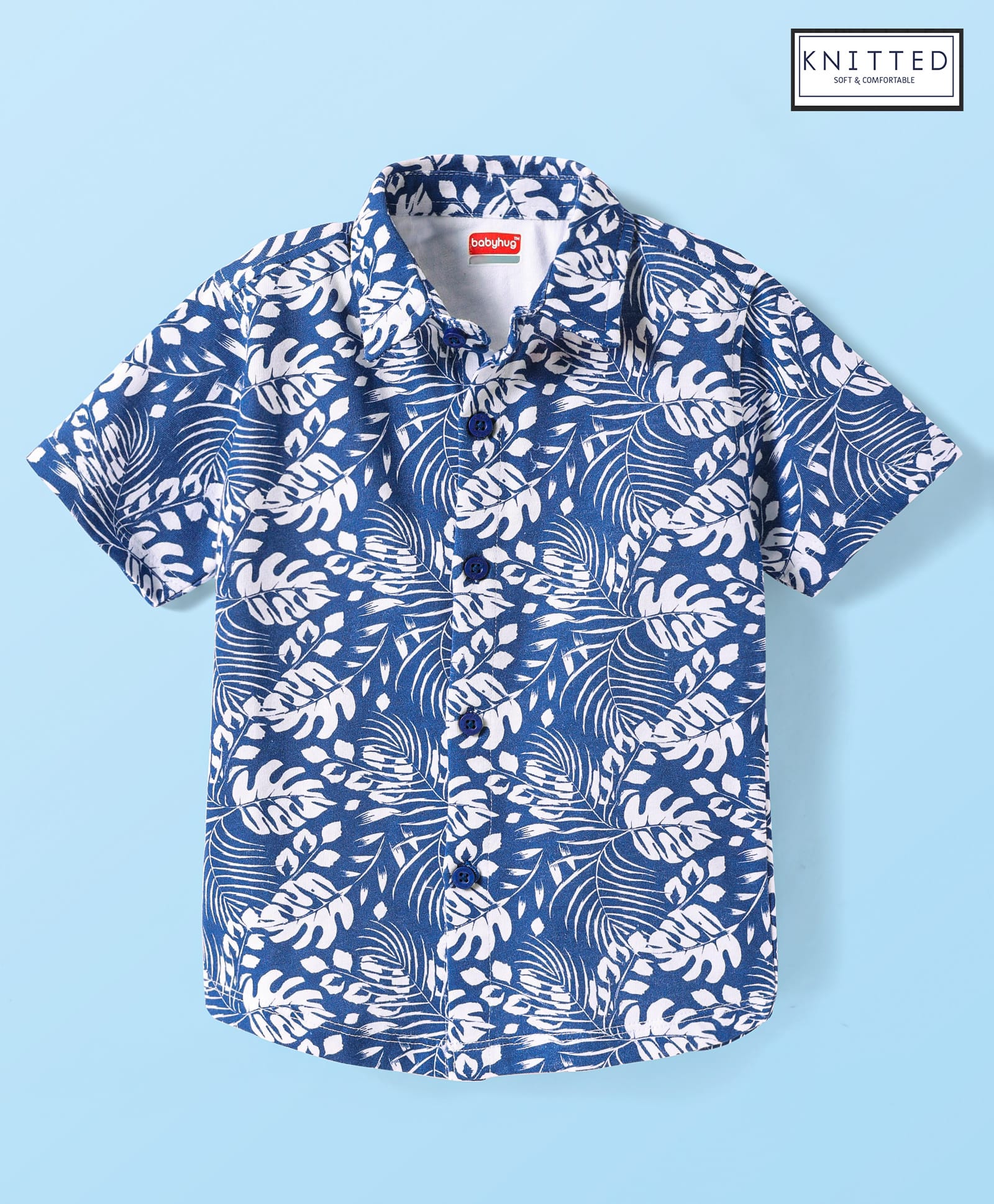 Babyhug Cotton Knit Half Sleeves Shirt With Leaf Print - Navy Blue-image-41