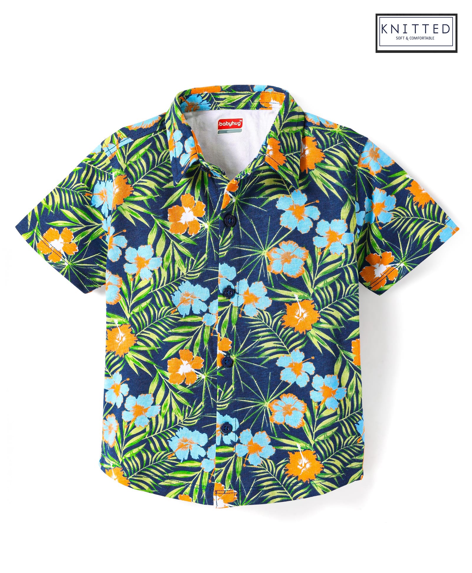 Babyhug Cotton Knit Half Sleeves Shirt with Floral Print - Navy Blue