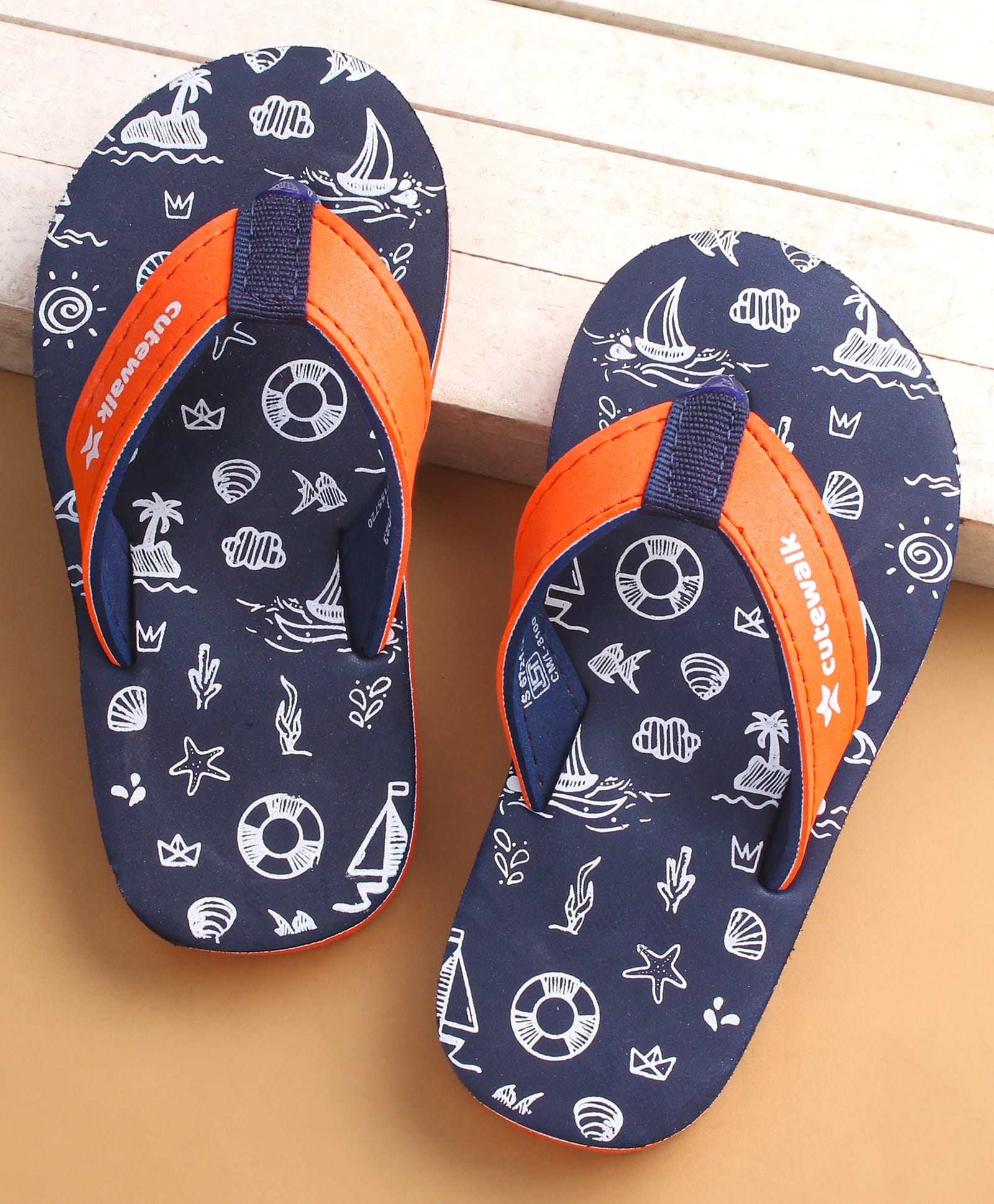 Cute Walk by Babyhug Flip Flops with Beach Theme Print - Navy Blue-image-1