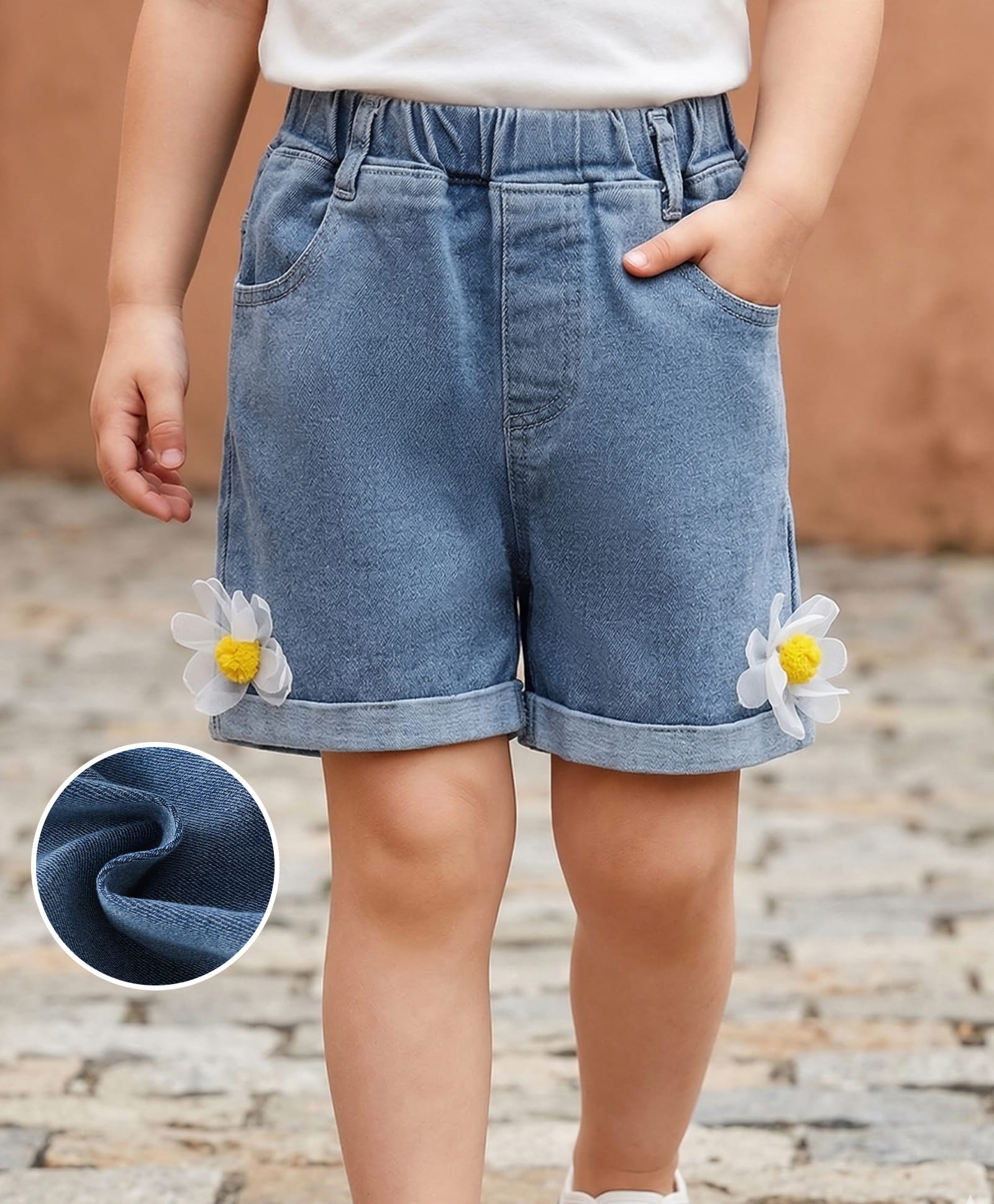 Mark & Mia Washed Denim Shorts with Floral Applique - Blue-picture-12