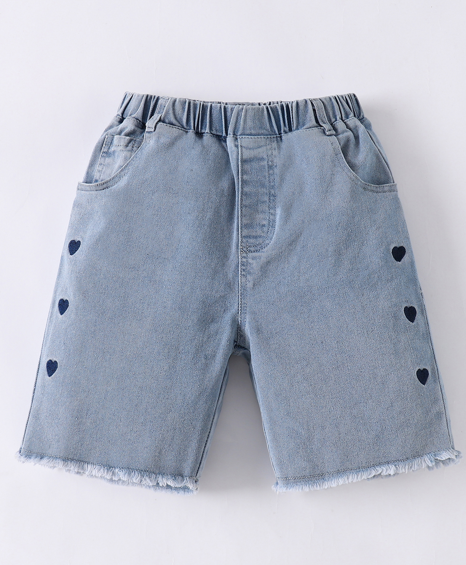 Mark & Mia Washed Denim Shorts with Hearts Embroidery - Light Blue-image-48
