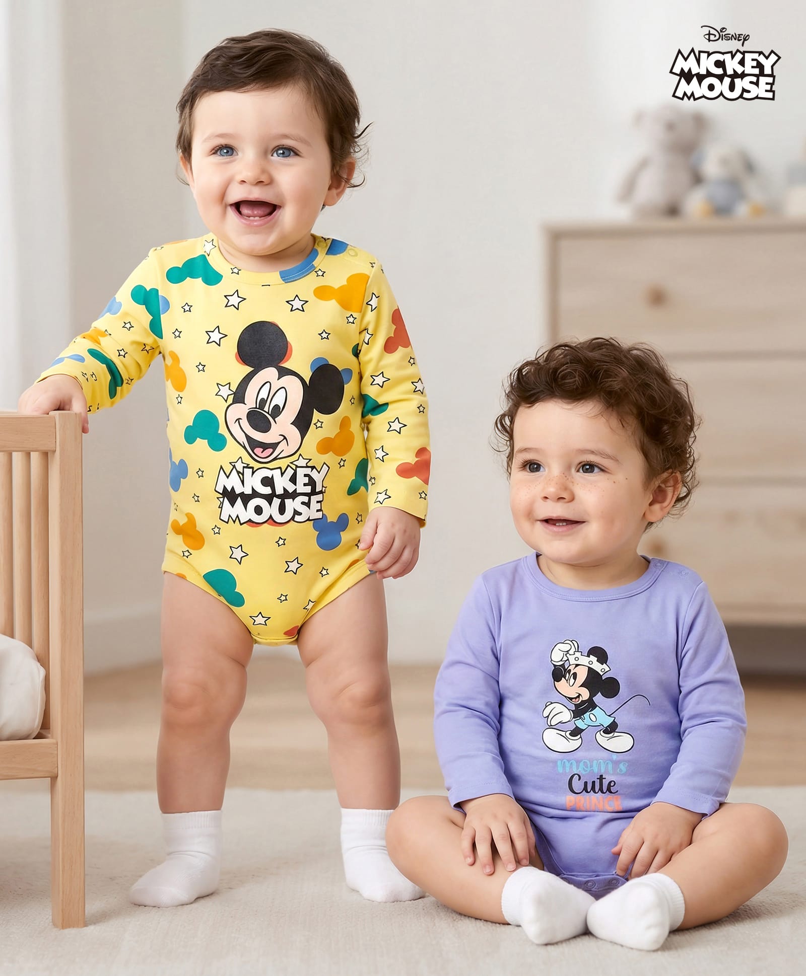 Babyoye Disney Interlock Knit Full Sleeves Onesies with Mickey Mouse Print Pack of2 -Lilac & Yellow-picture-28