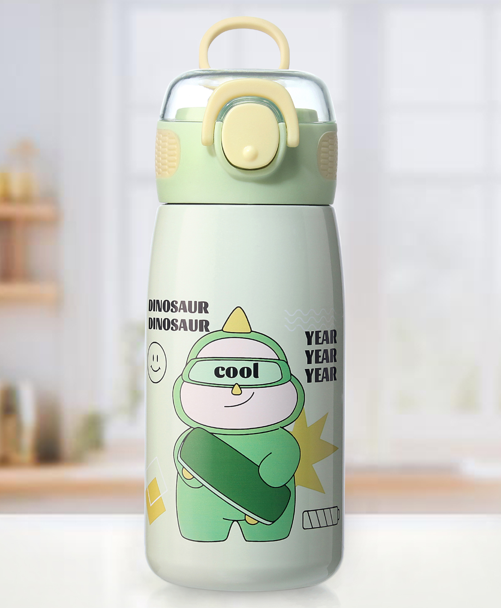 ZOE Stainless Steel Water Bottle With Dino Print Green - 470 ml-image-20