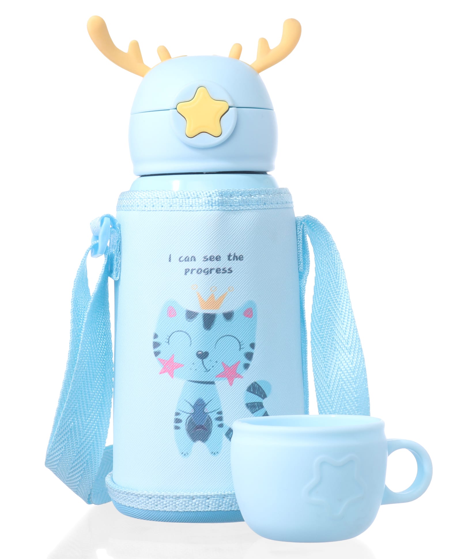 ZOE Stainless Steel Owl Printed Sipper Water Bottle with Cup Light Blue - 500 ml-image-15