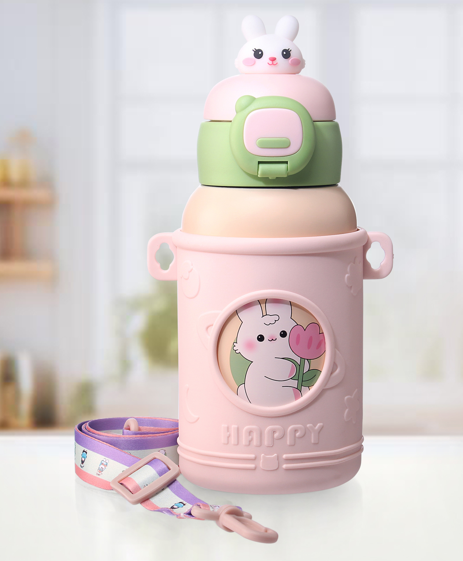 ZOE Stainless Steel Dino Printed Sipper Water Bottle with Strap Cream - 500 ml-image-5
